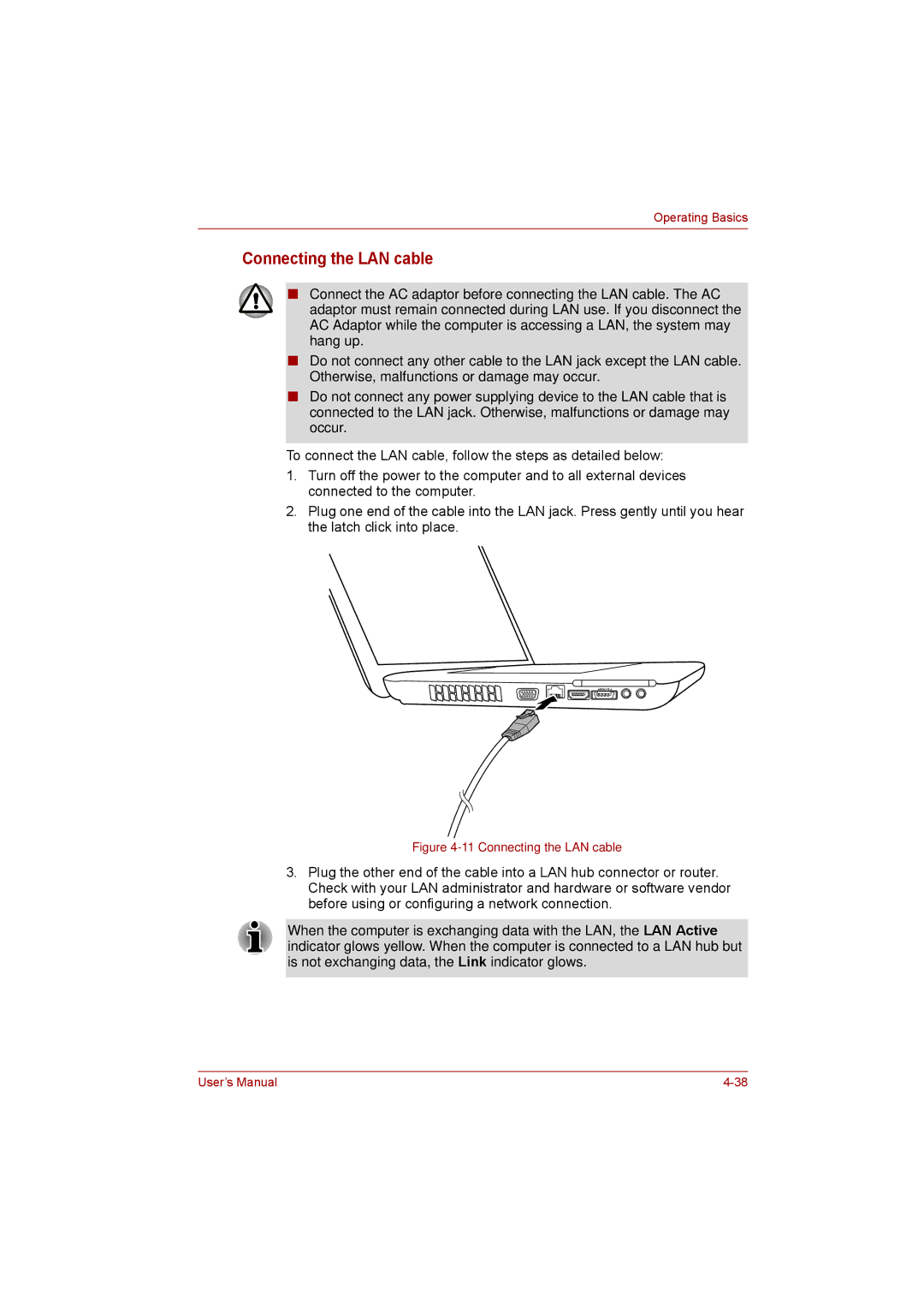 Toshiba satellite pro user manual Connecting the LAN cable 