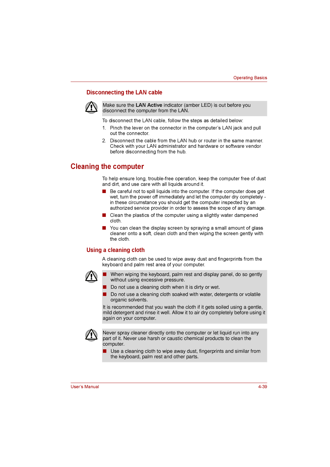 Toshiba satellite pro user manual Cleaning the computer, Disconnecting the LAN cable, Using a cleaning cloth 