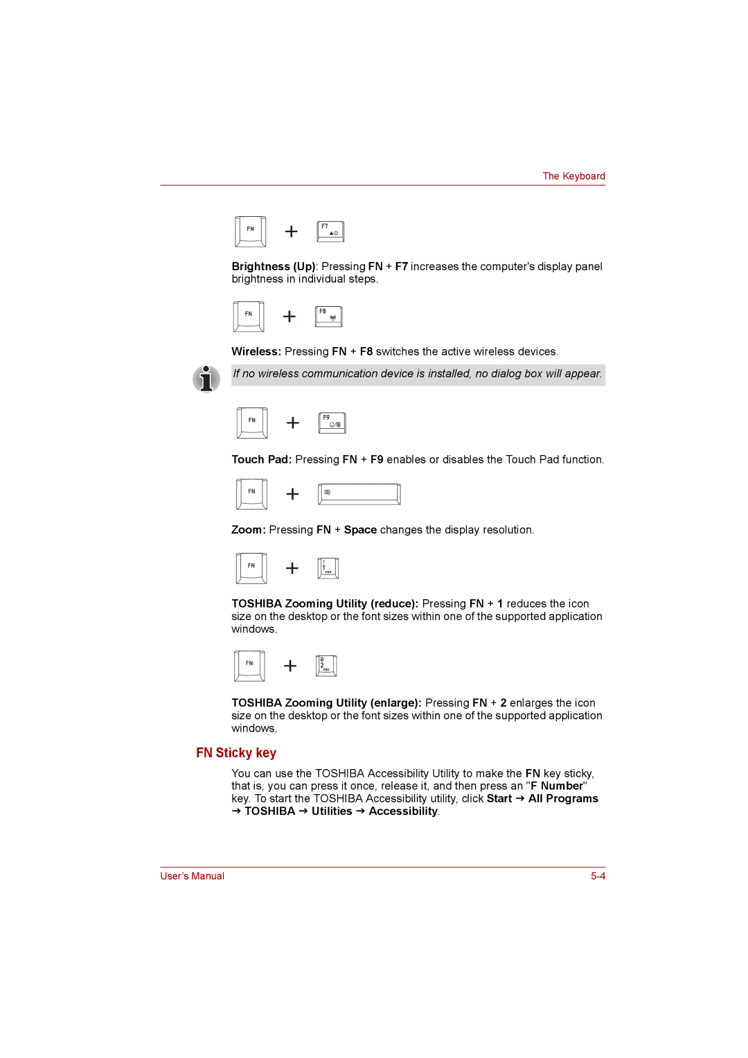 Toshiba satellite pro user manual FN Sticky key, Toshiba J Utilities J Accessibility 