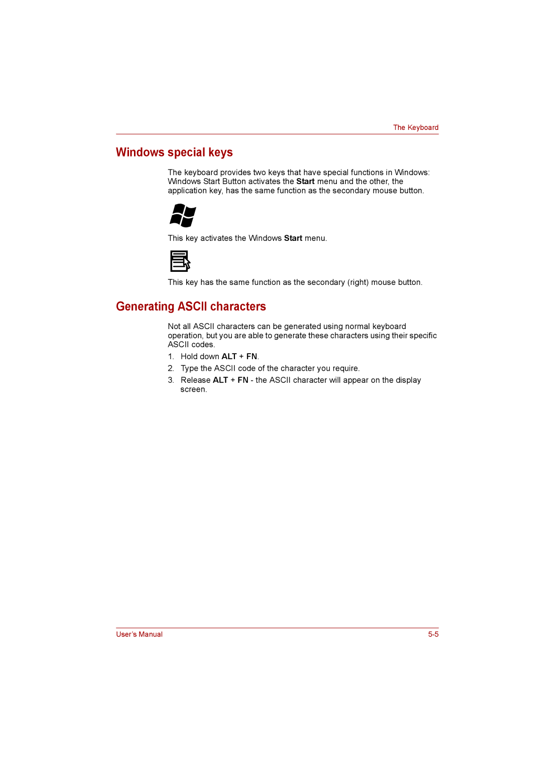 Toshiba satellite pro user manual Windows special keys, Generating Ascii characters 