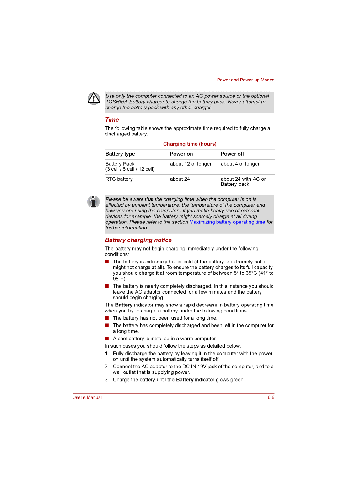 Toshiba satellite pro user manual Time, Battery charging notice, Battery type Power on Power off 