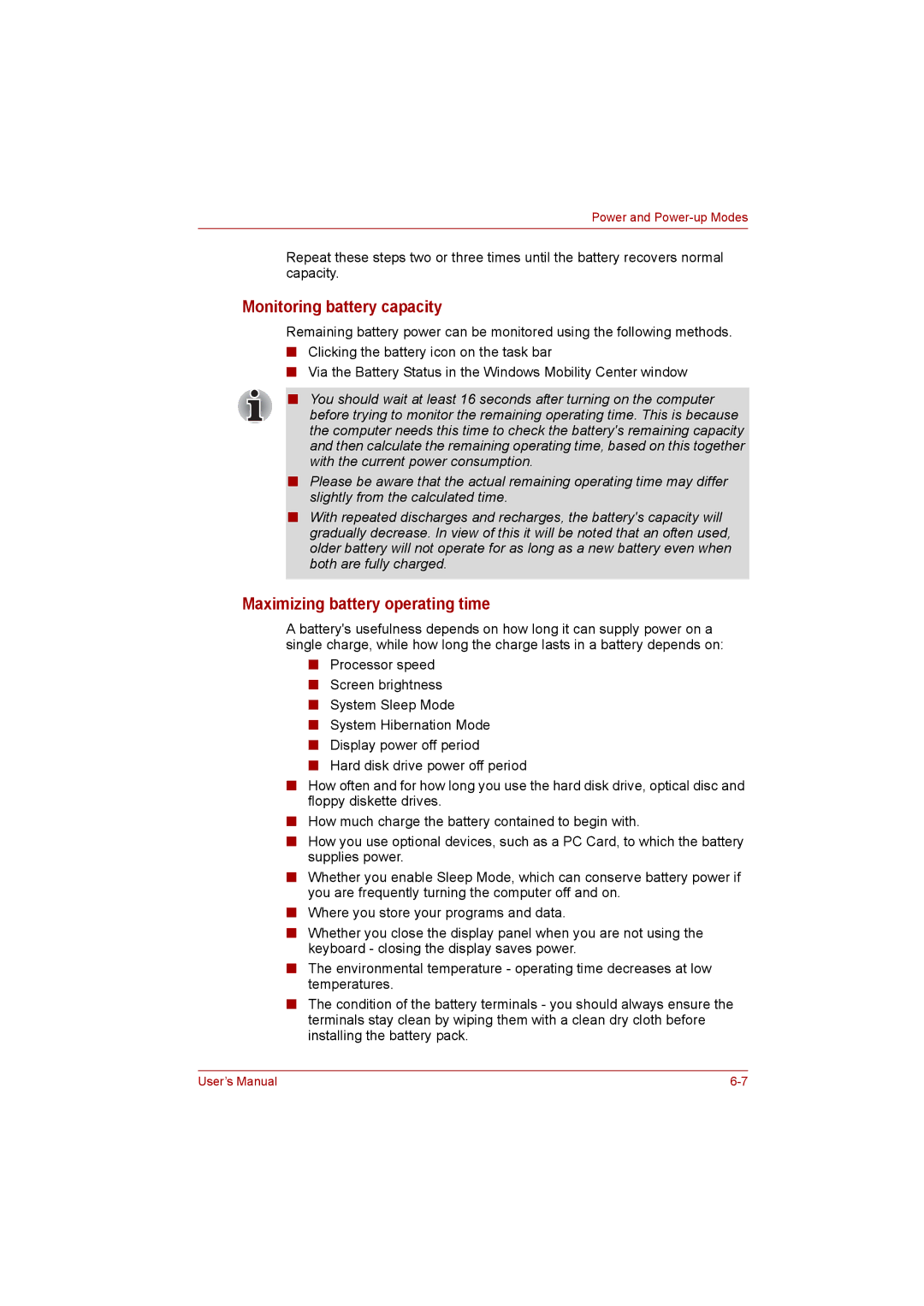 Toshiba satellite pro user manual Monitoring battery capacity, Maximizing battery operating time 