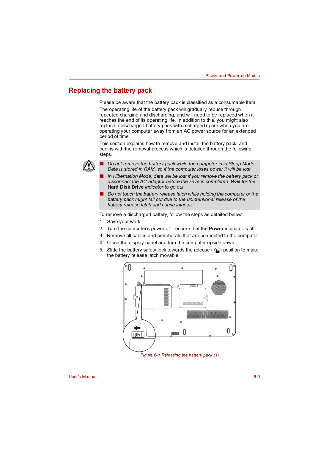 Toshiba satellite pro user manual Replacing the battery pack, Releasing the battery pack 