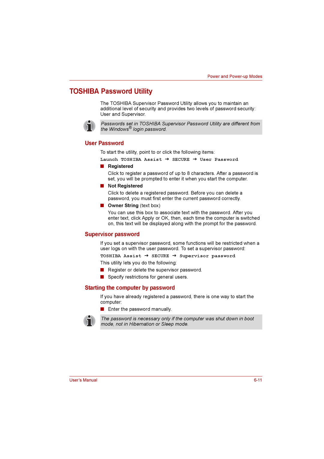 Toshiba satellite pro Toshiba Password Utility, User Password, Supervisor password, Starting the computer by password 