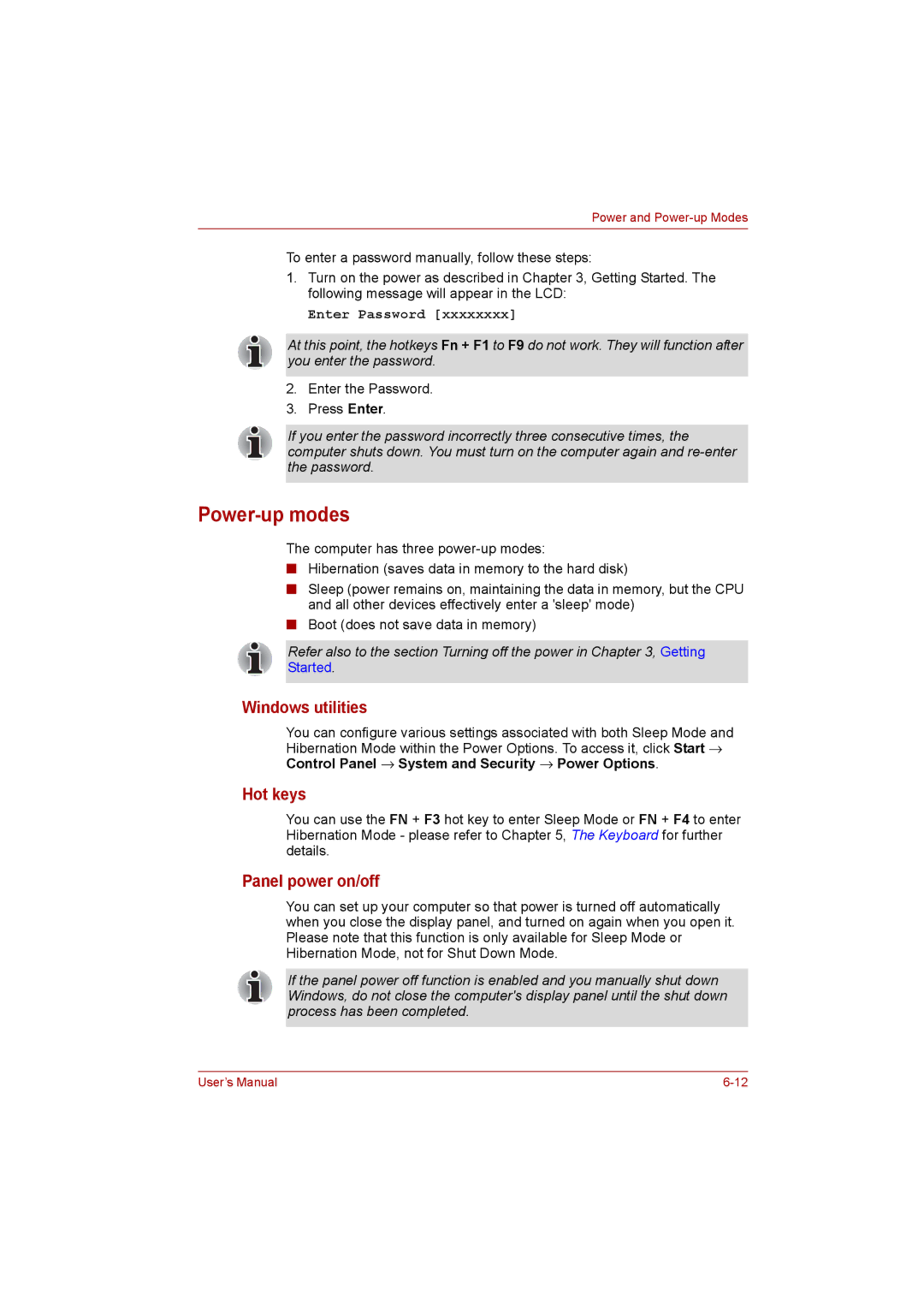 Toshiba satellite pro user manual Power-up modes, Windows utilities, Hot keys, Panel power on/off 