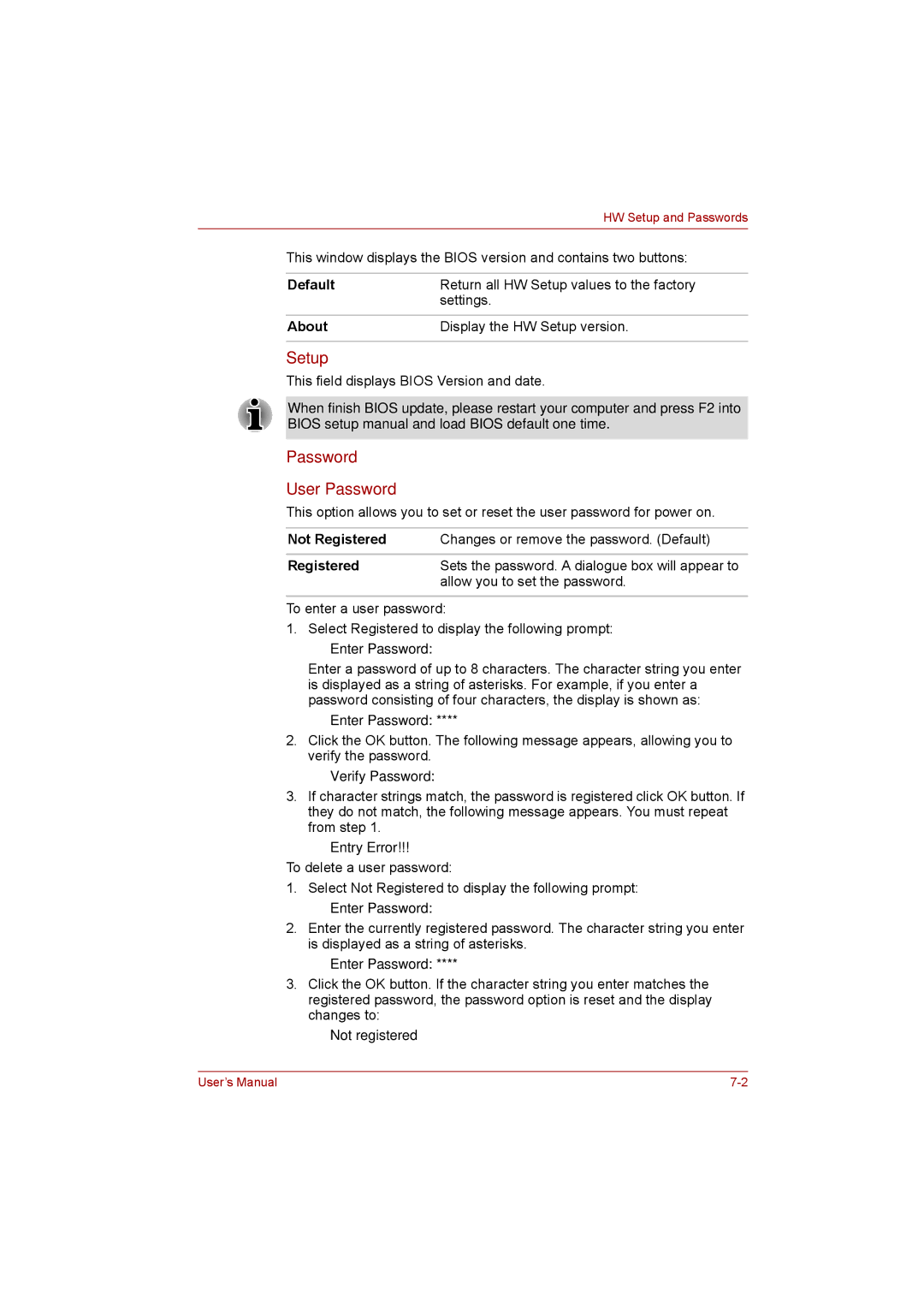 Toshiba satellite pro user manual Password, About, Not Registered Changes or remove the password. Default 