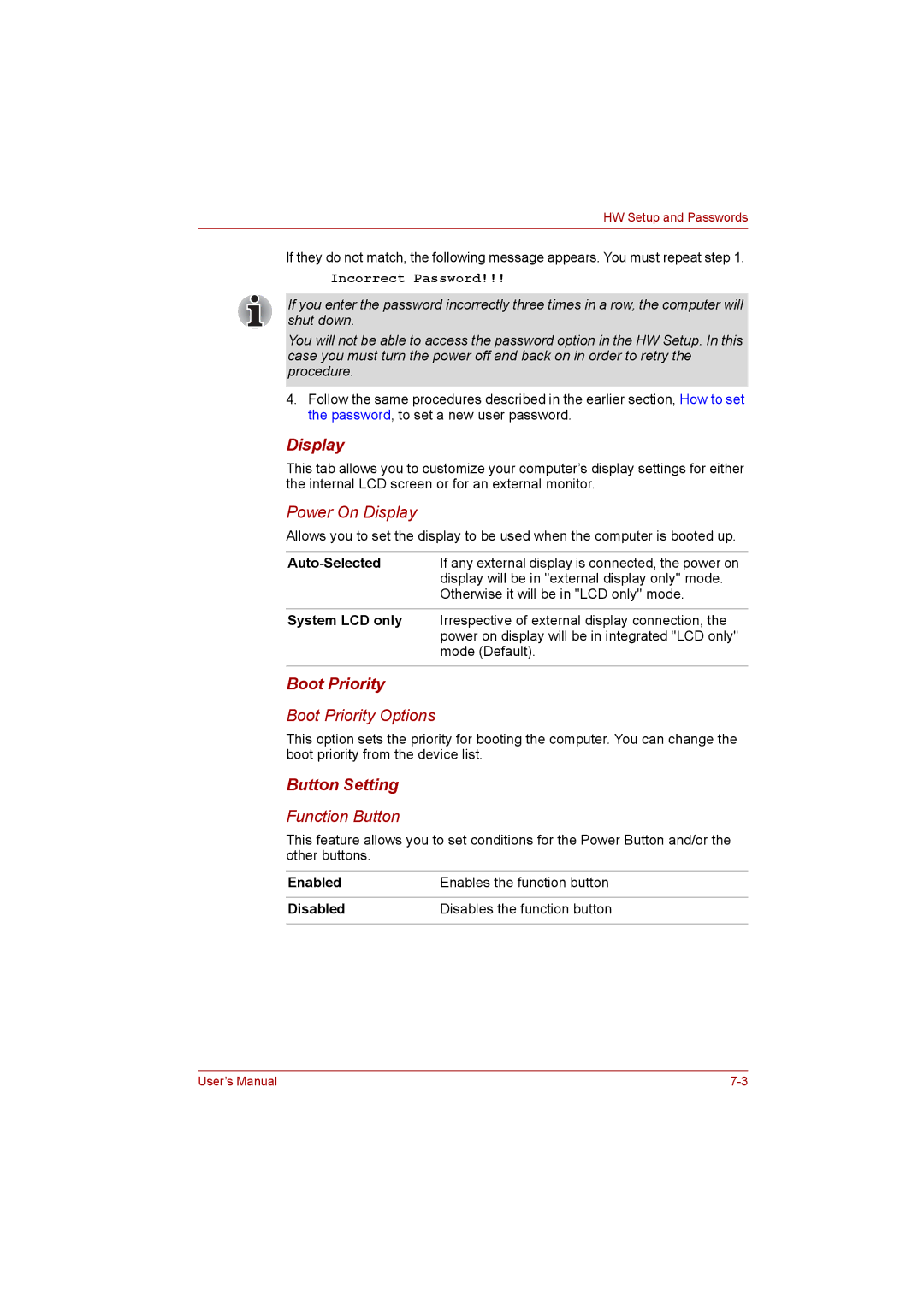 Toshiba satellite pro user manual Display, Boot Priority, Button Setting, Auto-Selected, System LCD only 