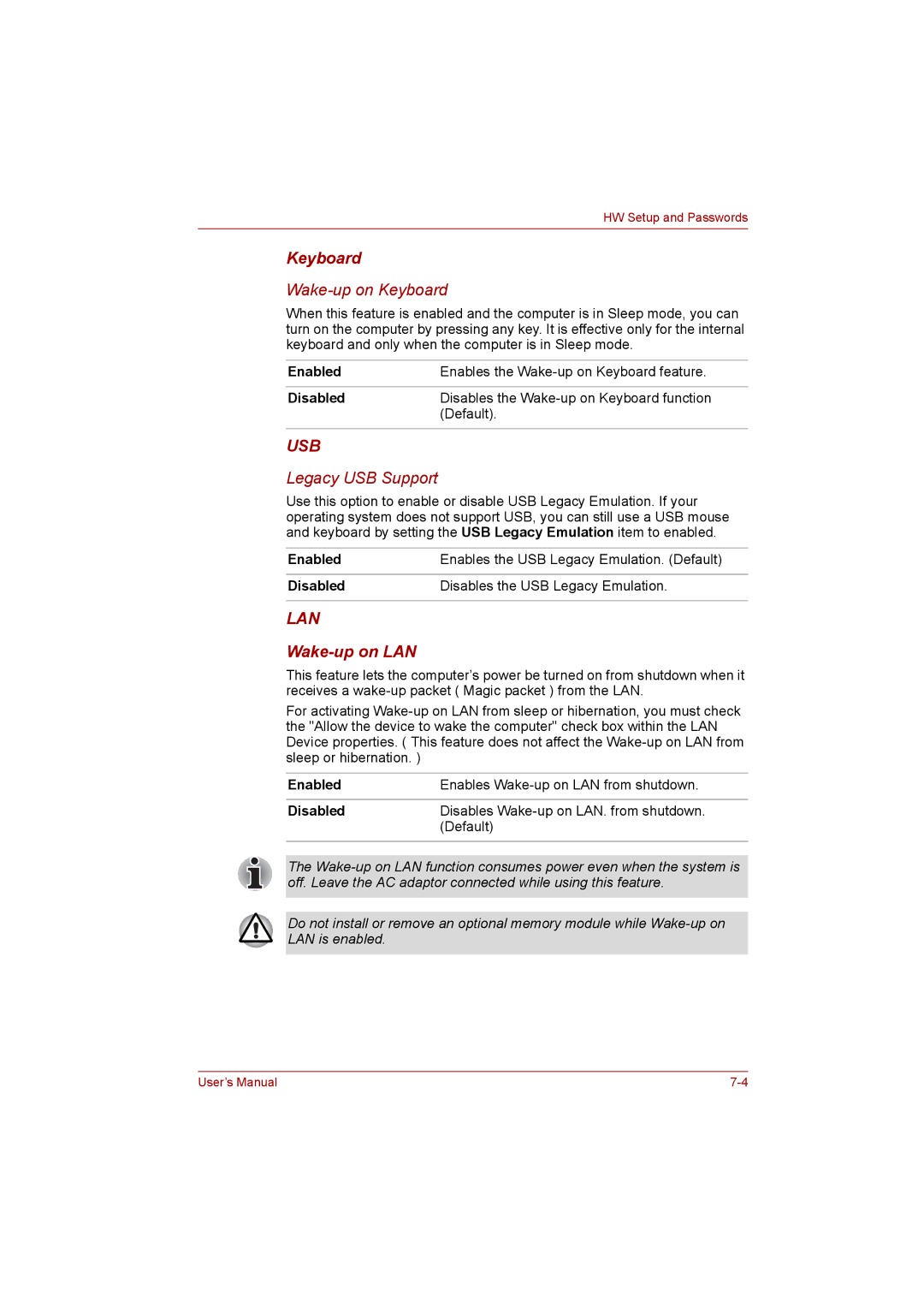 Toshiba satellite pro user manual Wake-up on LAN, Enabled 