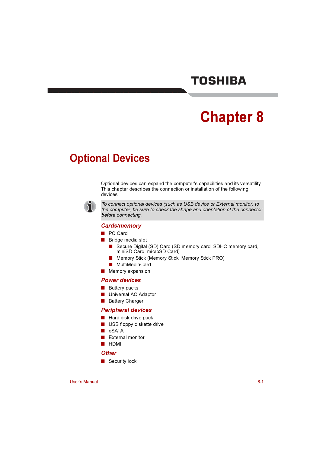 Toshiba satellite pro user manual Optional Devices, Cards/memory, Power devices, Peripheral devices, Other 