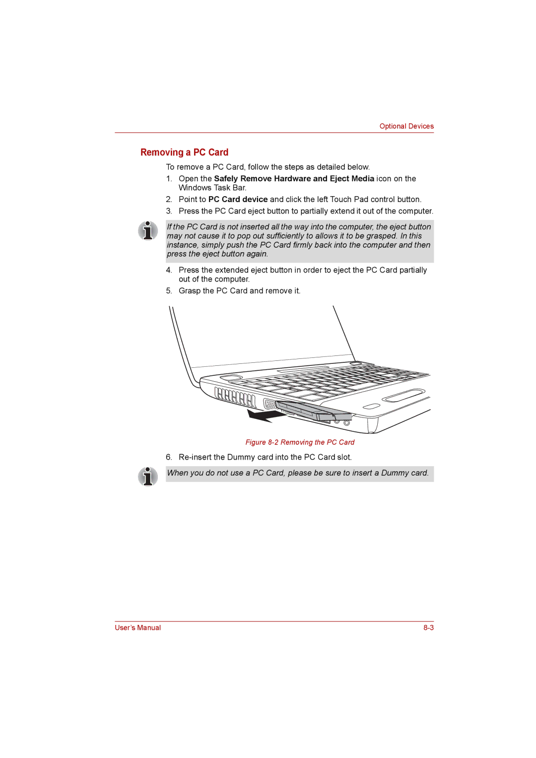 Toshiba satellite pro user manual Removing a PC Card, Removing the PC Card 