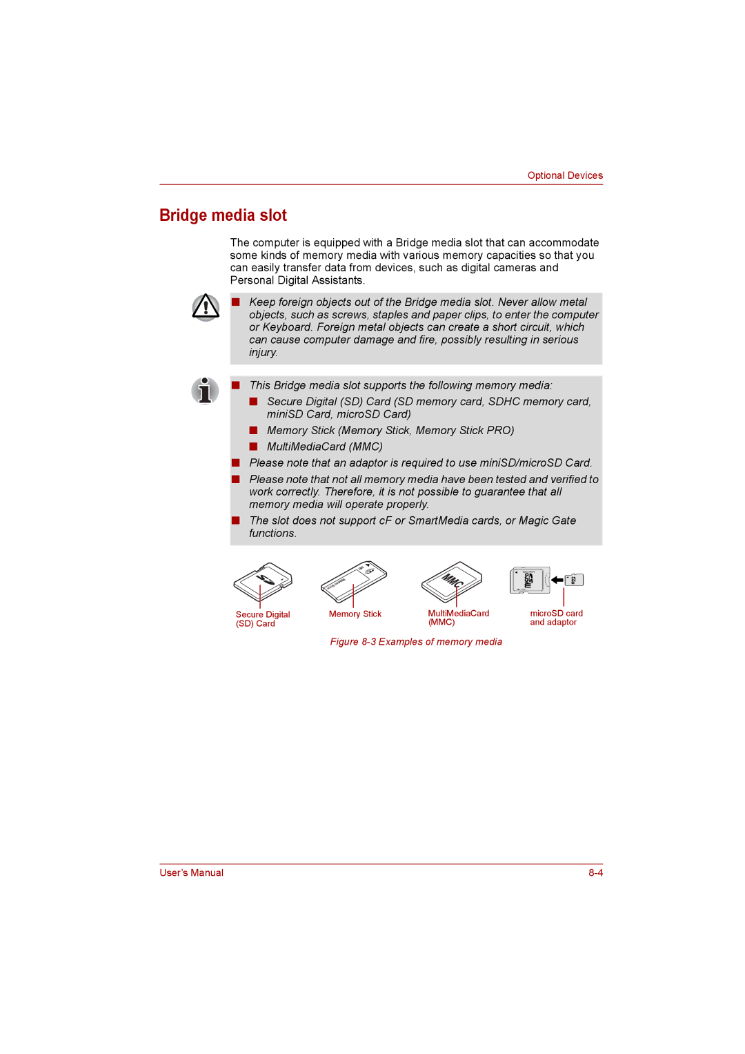 Toshiba satellite pro user manual Bridge media slot, Examples of memory media 