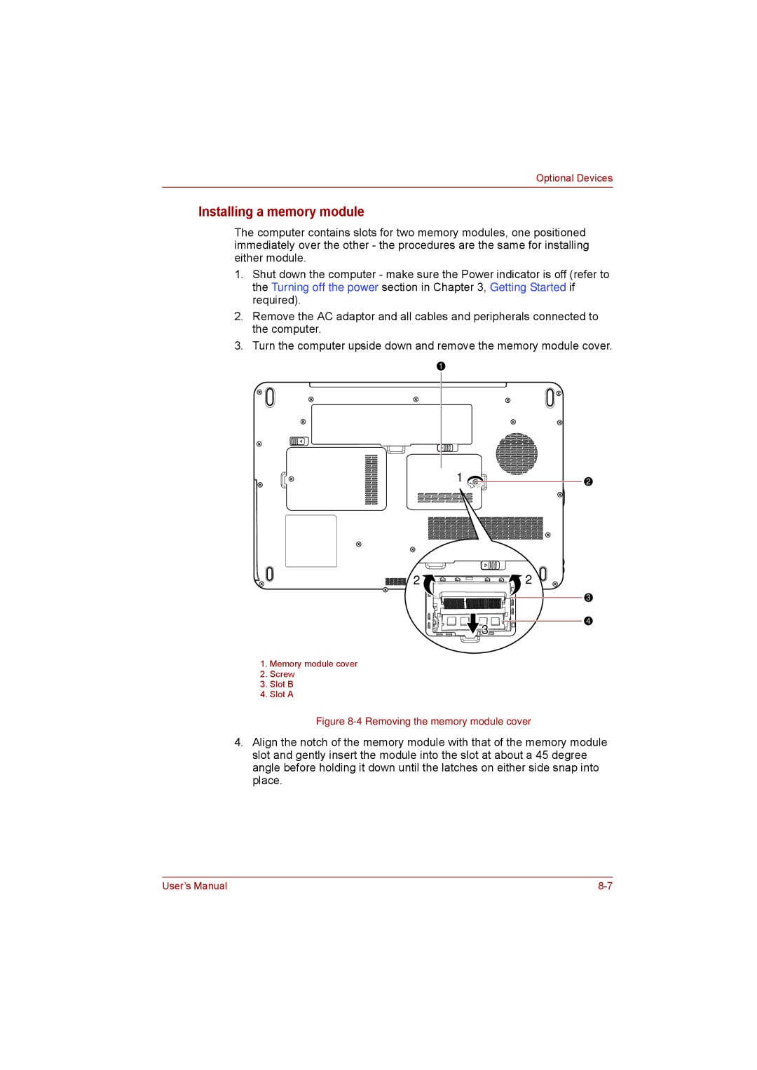 Toshiba satellite pro user manual Installing a memory module, Removing the memory module cover 