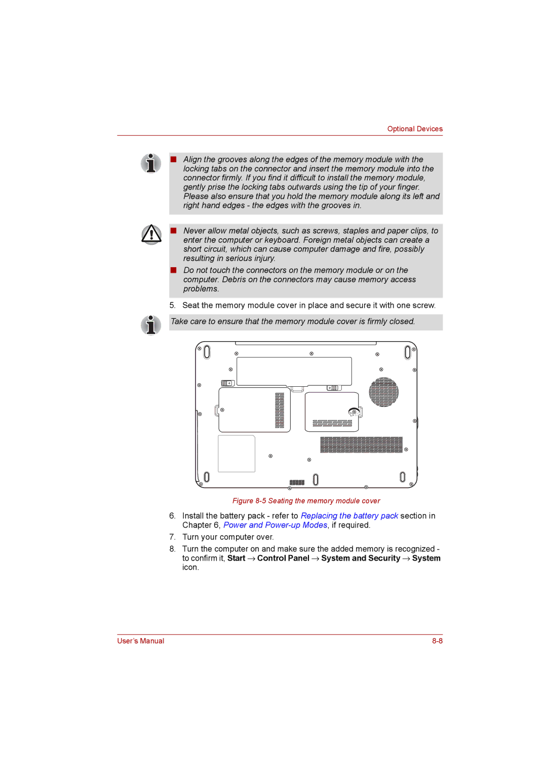 Toshiba satellite pro user manual Seating the memory module cover 