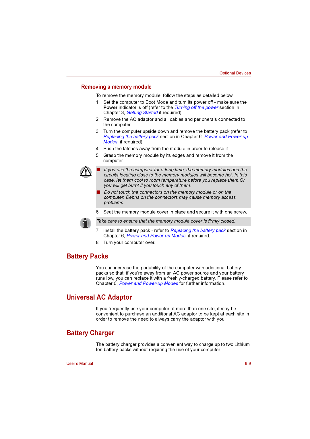 Toshiba satellite pro user manual Battery Packs, Universal AC Adaptor, Battery Charger, Removing a memory module 