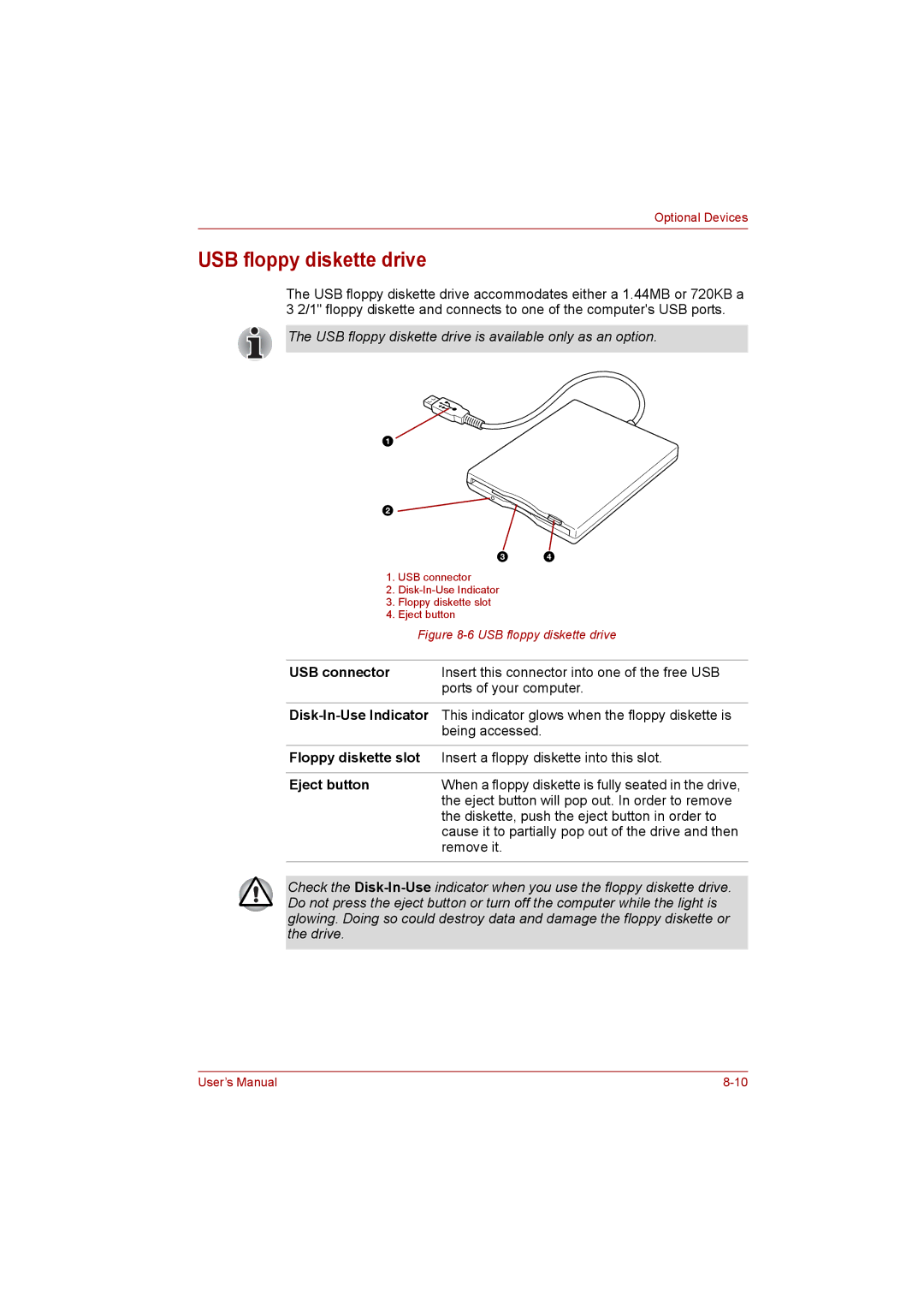 Toshiba satellite pro user manual USB floppy diskette drive, Eject button 