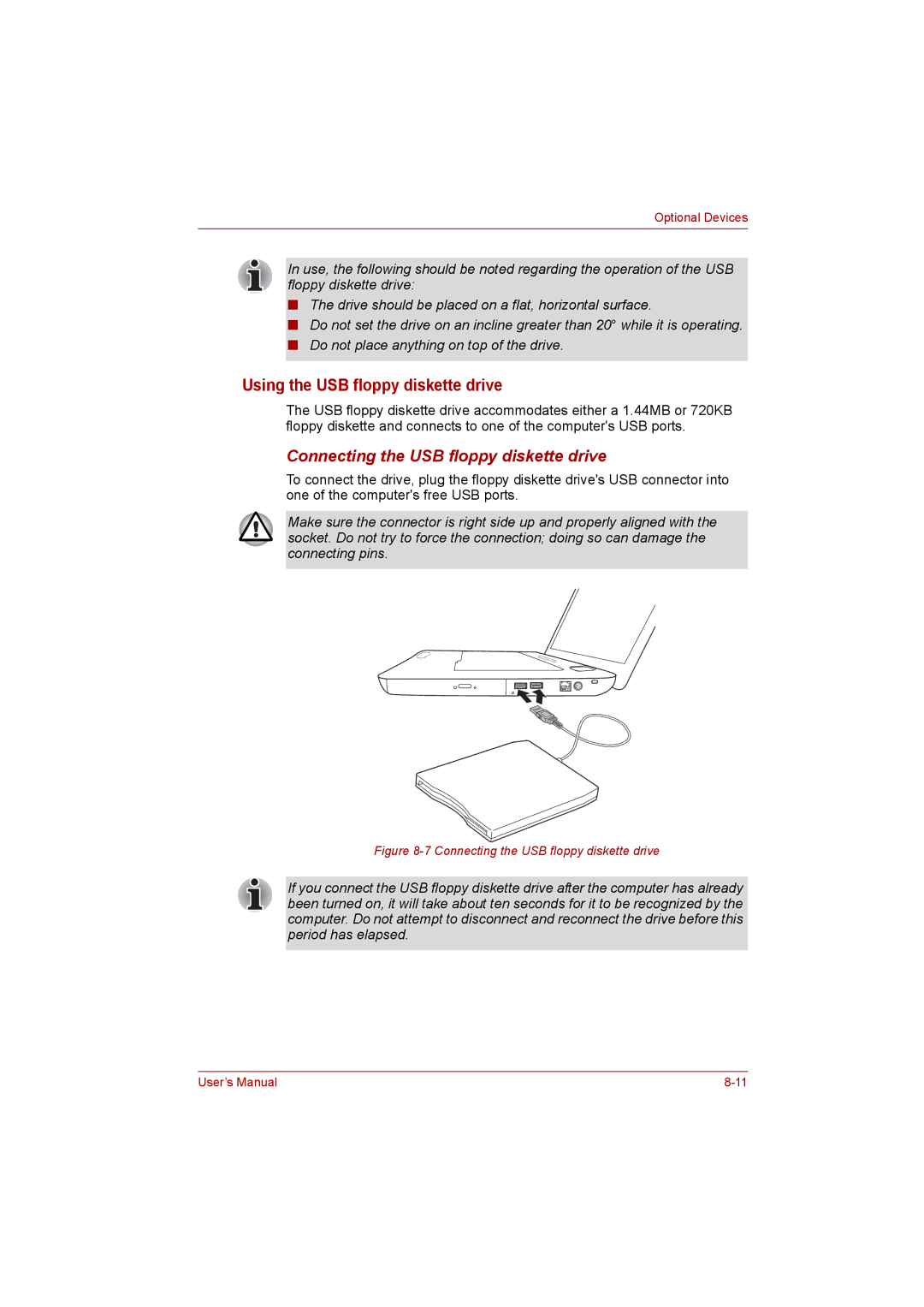 Toshiba satellite pro user manual Using the USB floppy diskette drive, Connecting the USB floppy diskette drive 