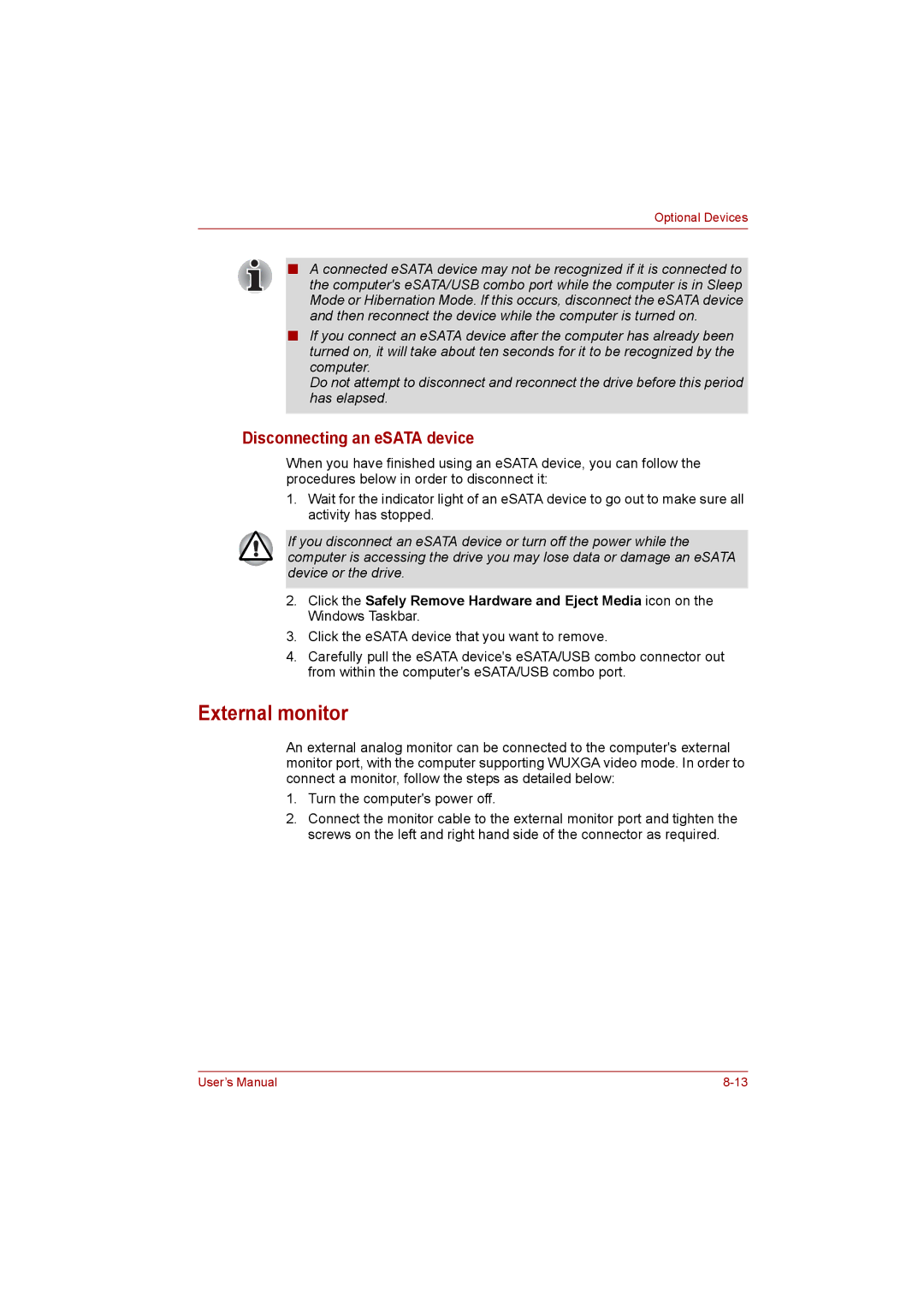 Toshiba satellite pro user manual External monitor, Disconnecting an eSATA device 