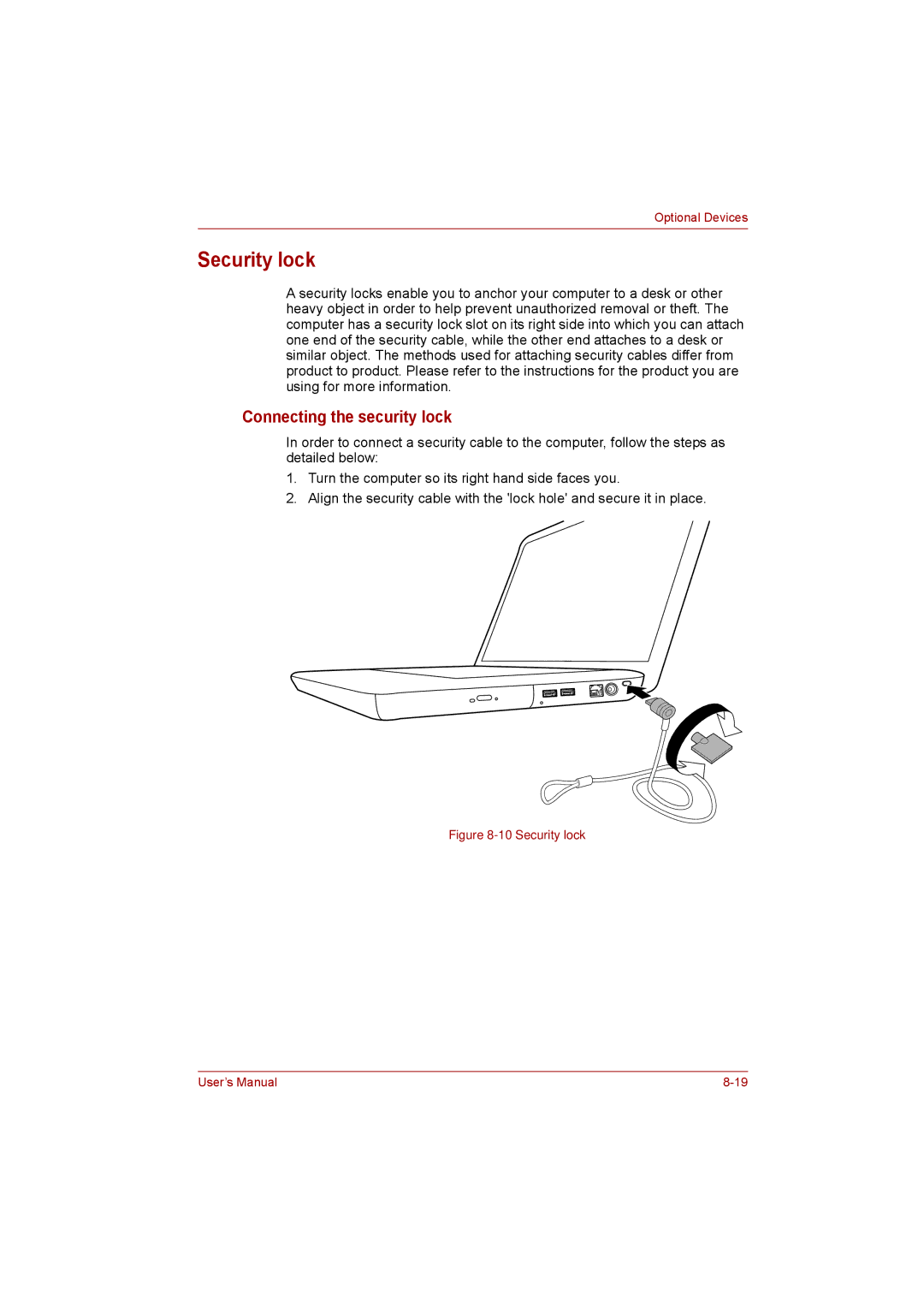 Toshiba satellite pro user manual Security lock, Connecting the security lock 