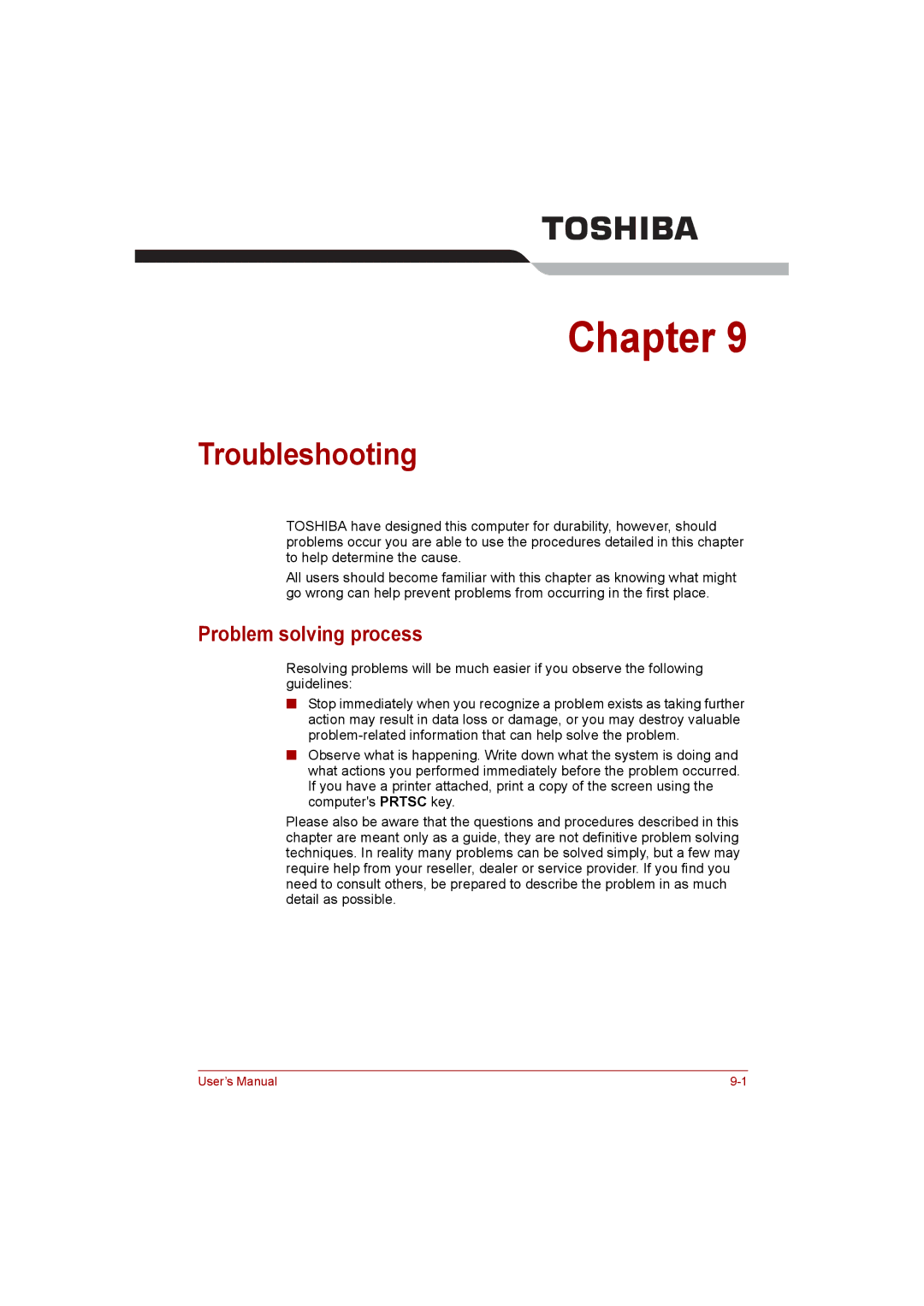 Toshiba satellite pro user manual Troubleshooting, Problem solving process 