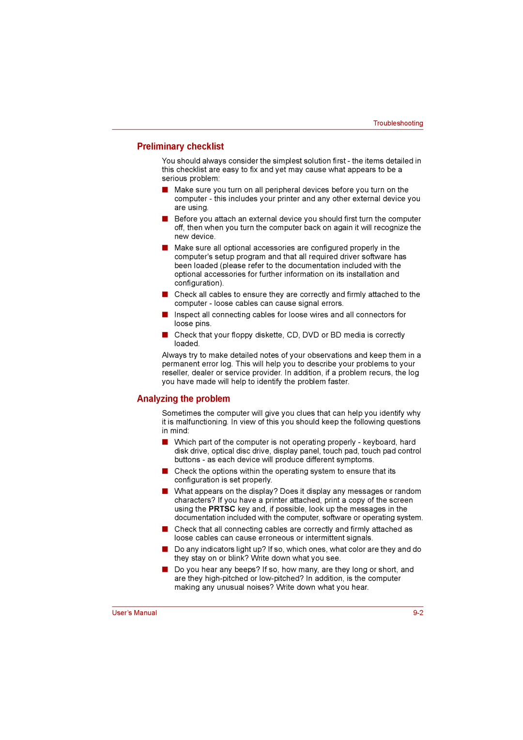 Toshiba satellite pro user manual Preliminary checklist, Analyzing the problem 