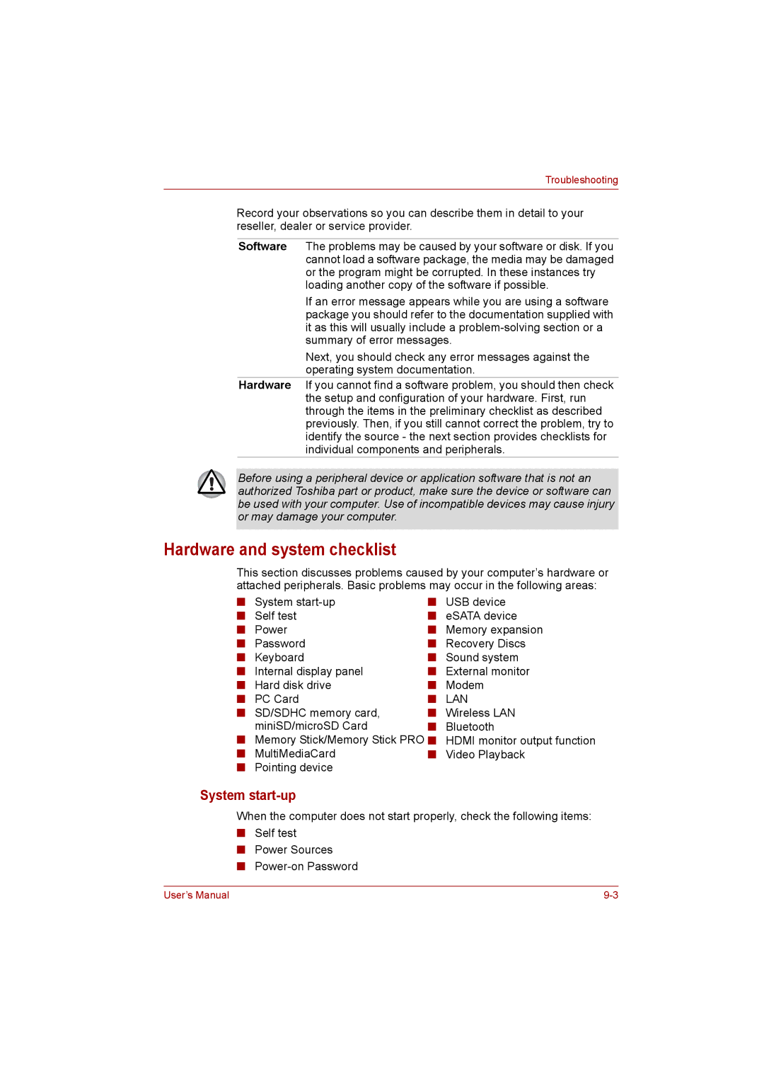 Toshiba satellite pro user manual Hardware and system checklist, System start-up 