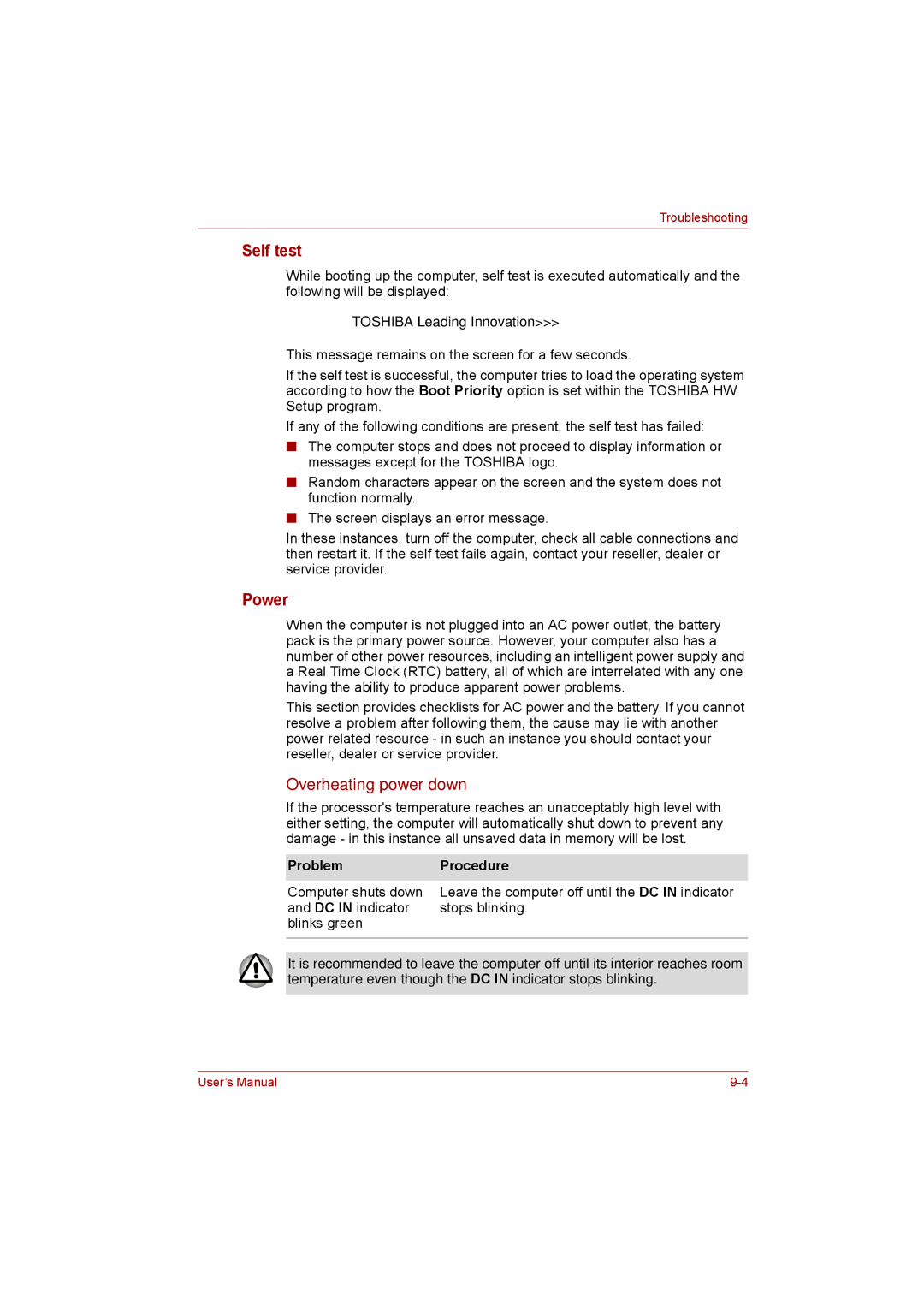 Toshiba satellite pro user manual Self test, Power, Overheating power down, Problem Procedure 