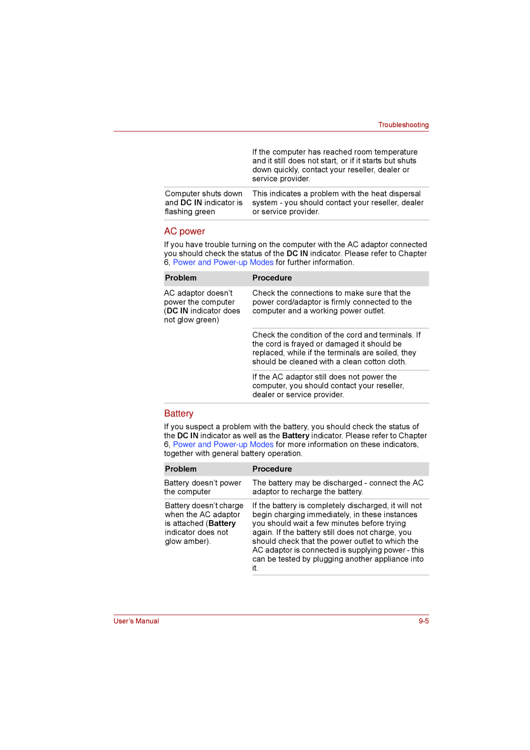 Toshiba satellite pro user manual AC power, Battery, ProblemProcedure 