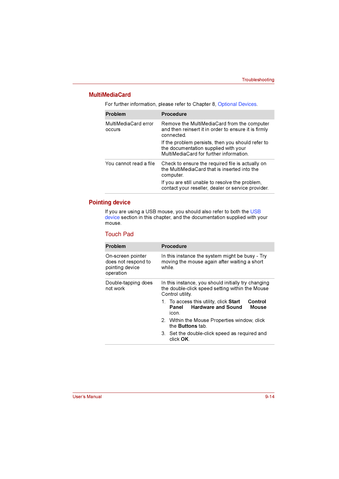 Toshiba satellite pro user manual MultiMediaCard, Pointing device, Touch Pad, Panel → Hardware and Sound → Mouse 