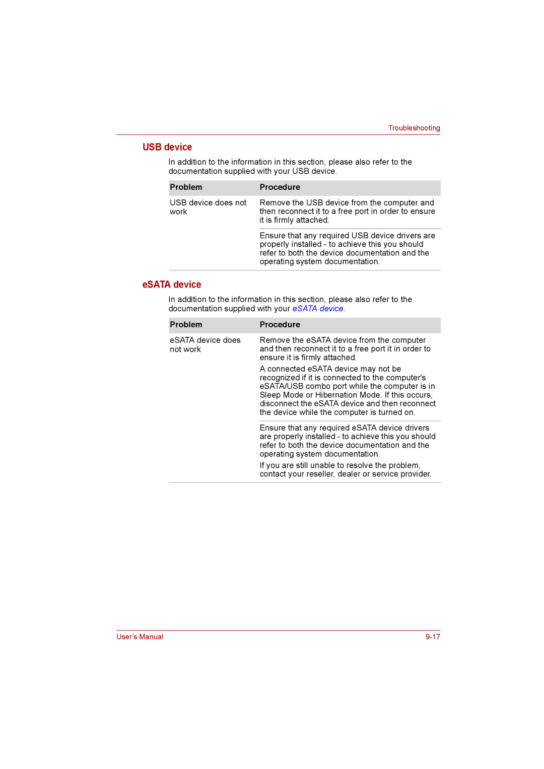 Toshiba satellite pro user manual USB device, ESATA device 