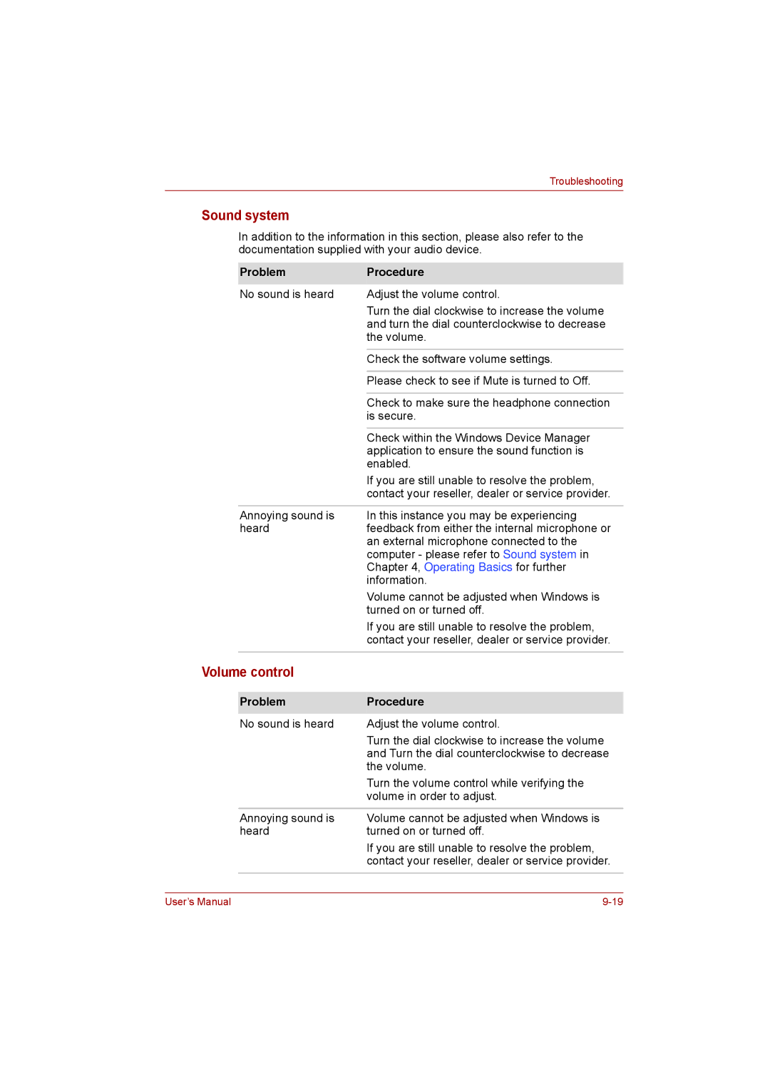 Toshiba satellite pro user manual Sound system, Volume control 