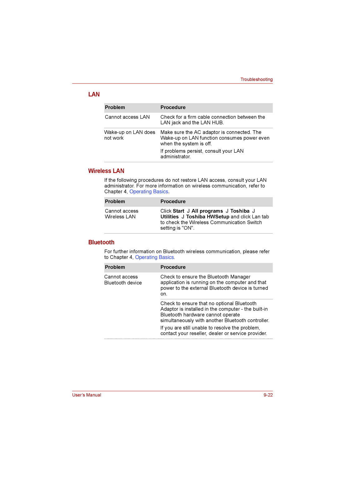 Toshiba satellite pro user manual Lan, Bluetooth 