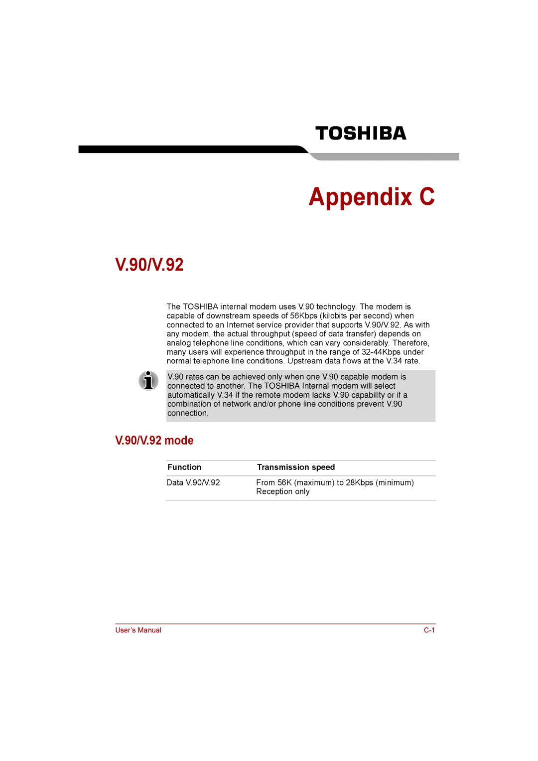 Toshiba satellite pro user manual 90/V.92 mode, Function Transmission speed 