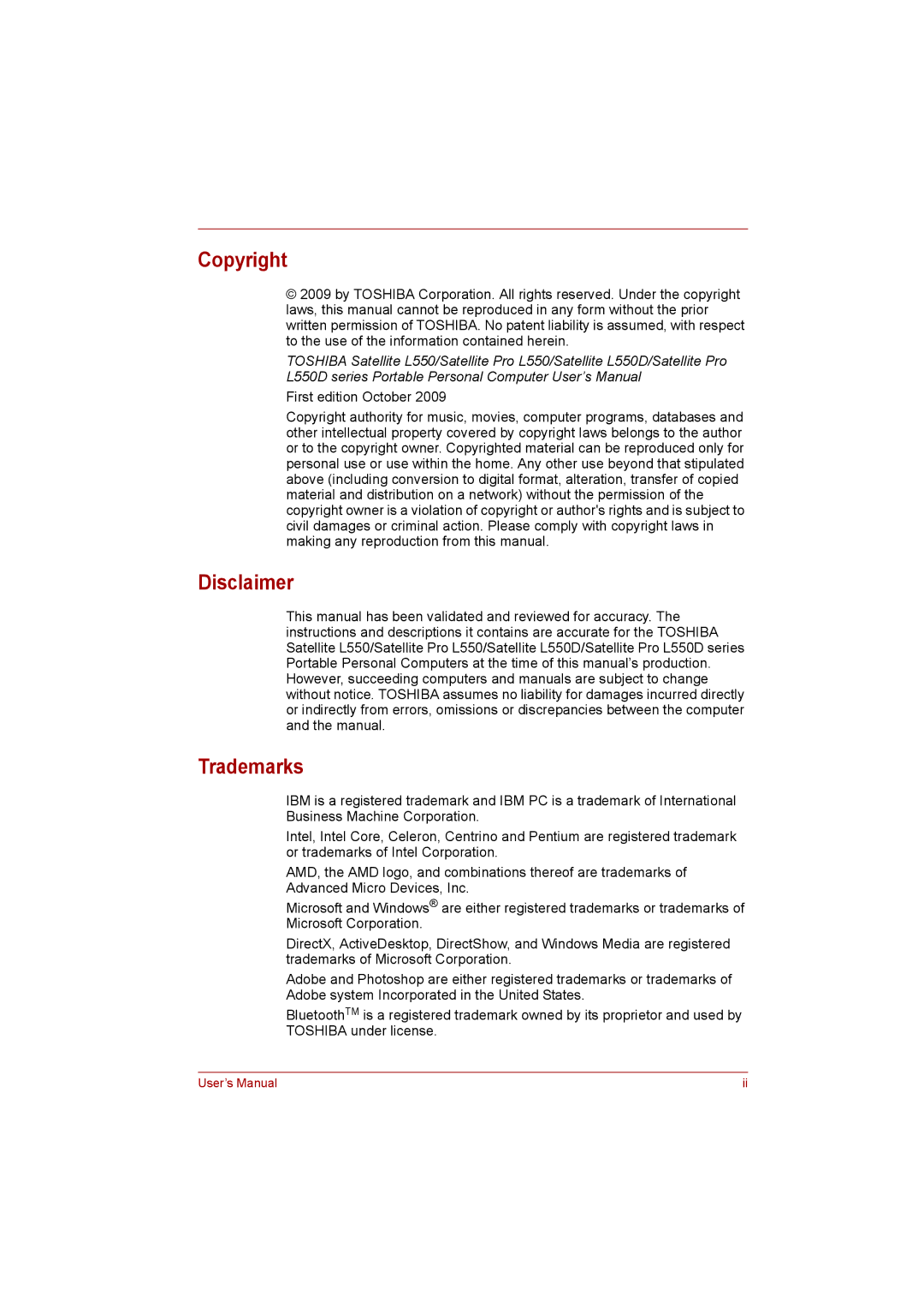 Toshiba satellite pro user manual Copyright, Disclaimer, Trademarks 