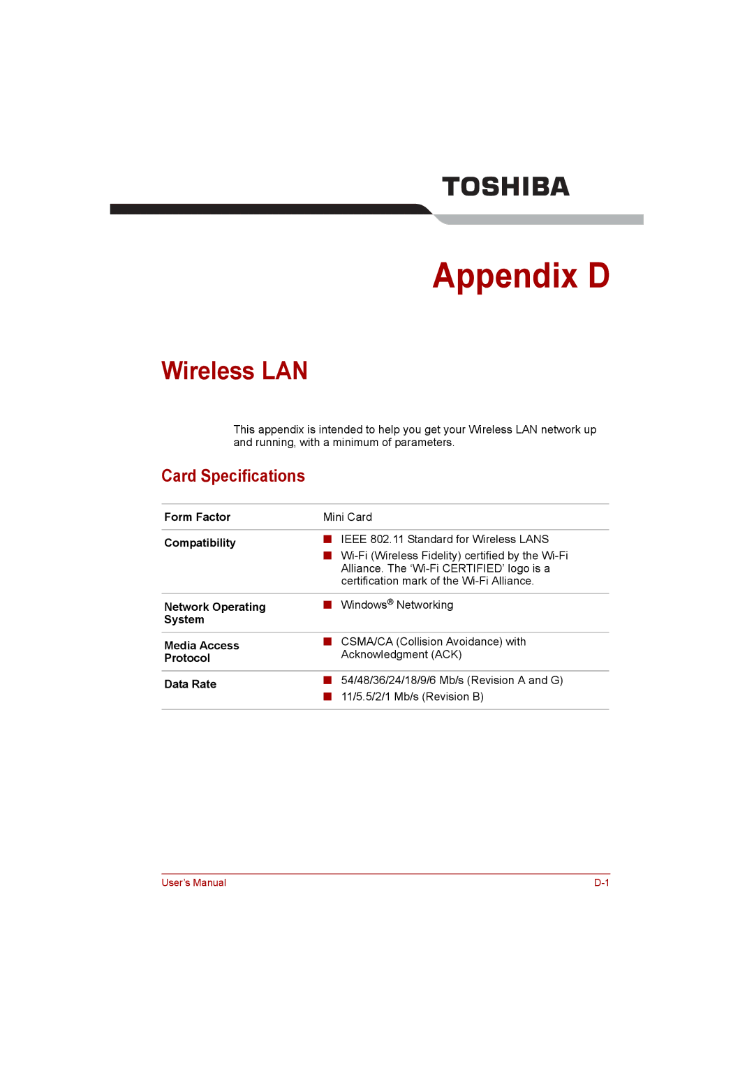 Toshiba satellite pro user manual Wireless LAN, Card Specifications 