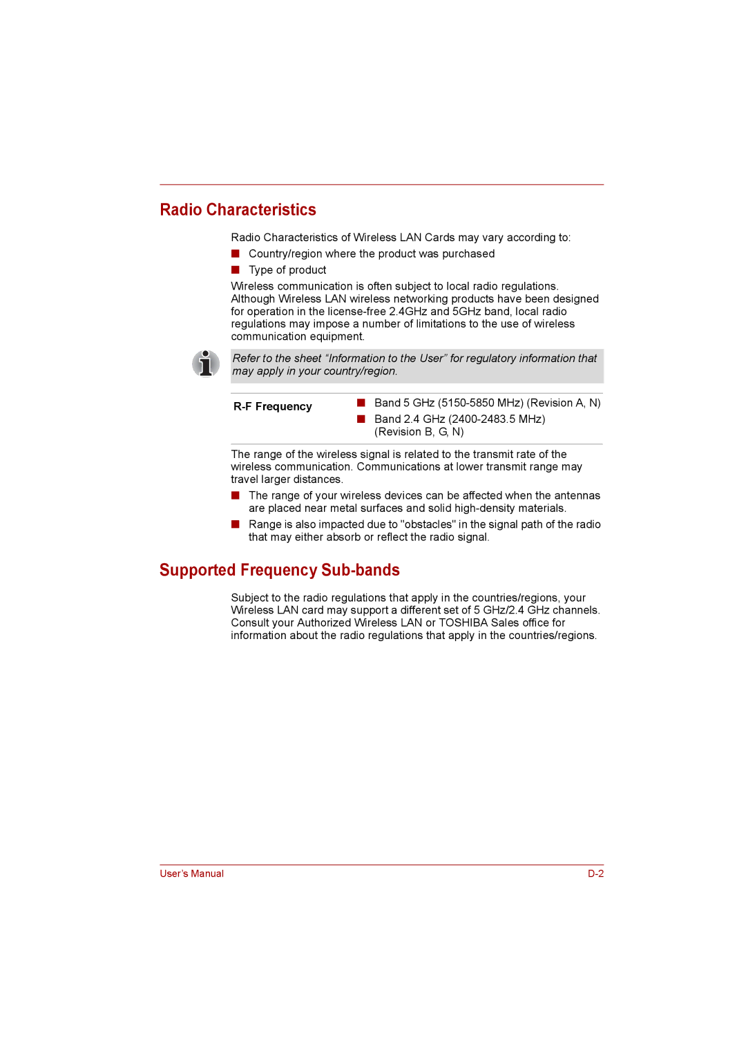 Toshiba satellite pro user manual Radio Characteristics, Supported Frequency Sub-bands 