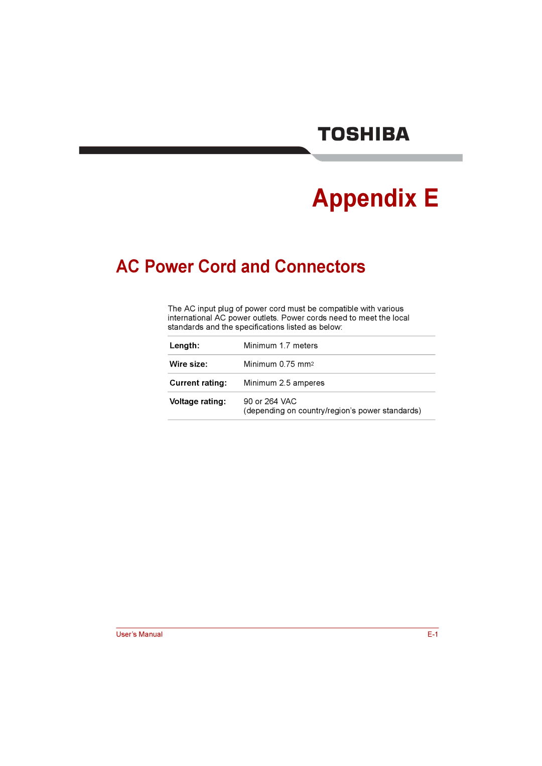 Toshiba satellite pro user manual AC Power Cord and Connectors, Length, Wire size, Current rating, Voltage rating 