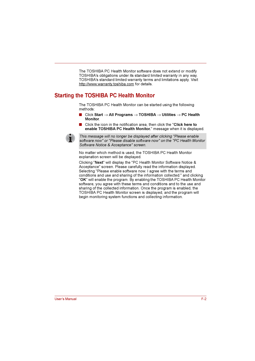 Toshiba satellite pro user manual Starting the Toshiba PC Health Monitor 