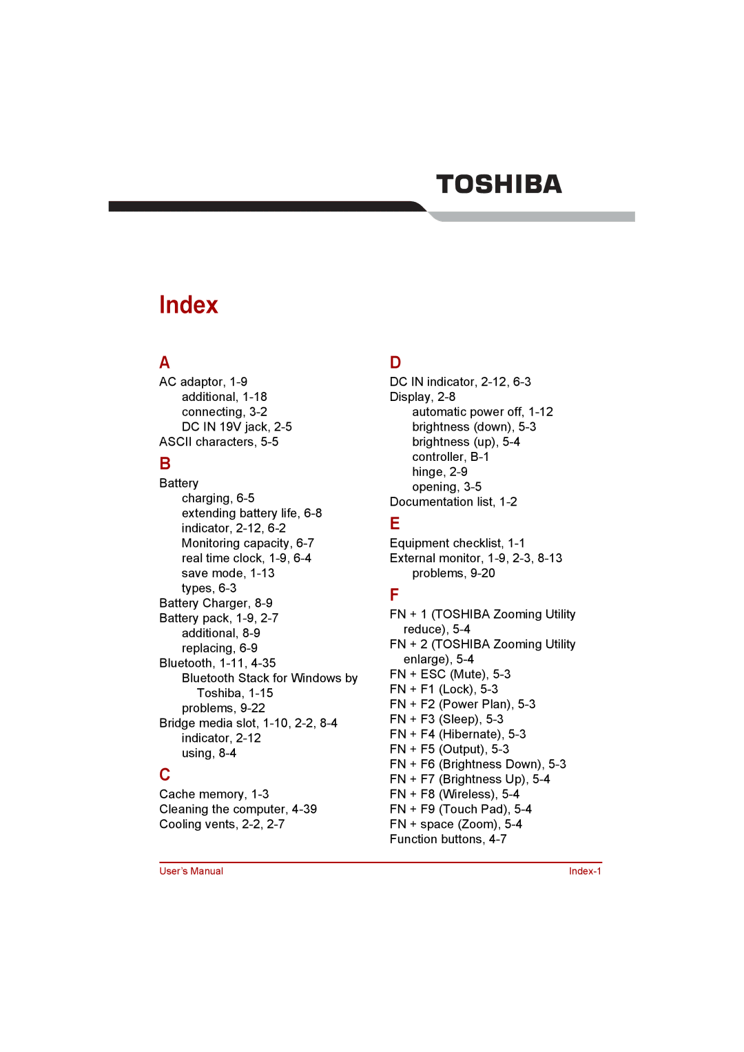 Toshiba satellite pro user manual Index 