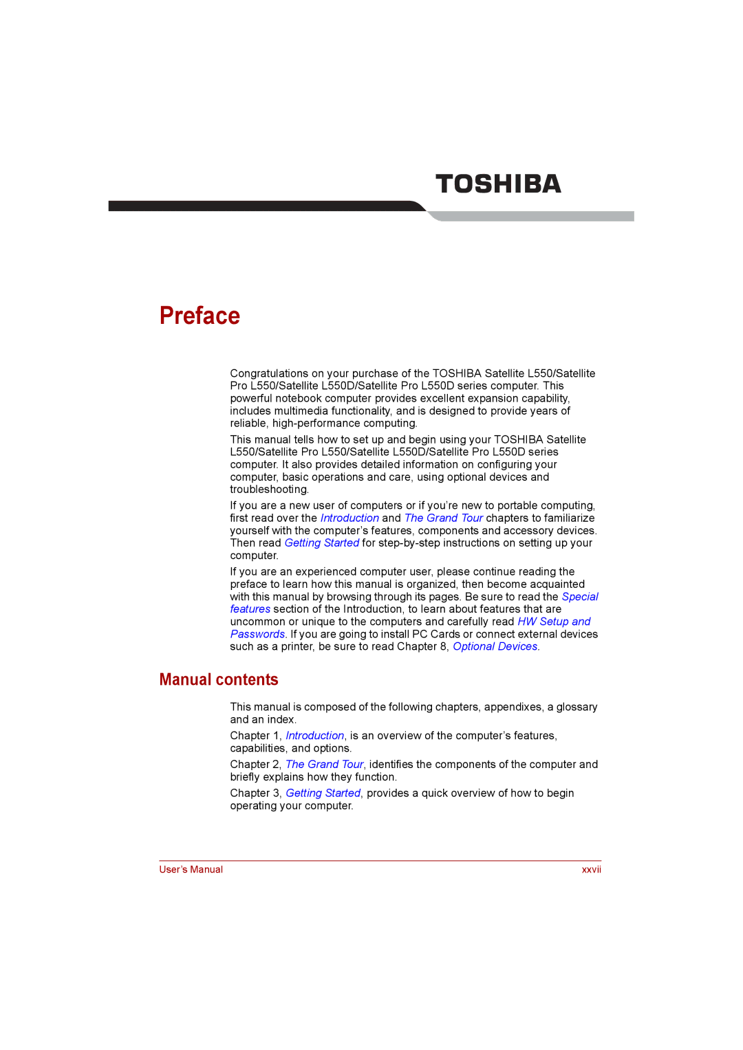 Toshiba satellite pro user manual Preface, Manual contents 