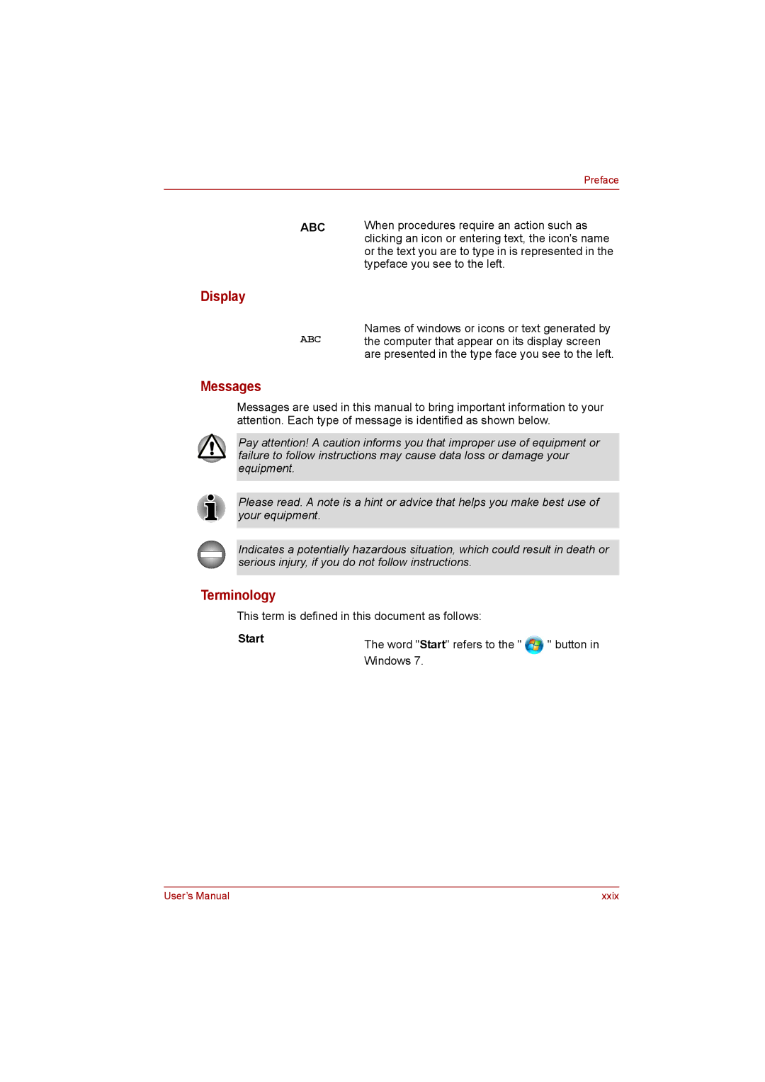 Toshiba satellite pro user manual Display, Messages, Terminology, Start 