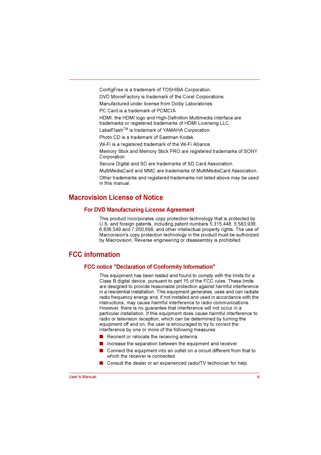 Toshiba satellite pro user manual Macrovision License of Notice, FCC information, For DVD Manufacturing License Agreement 