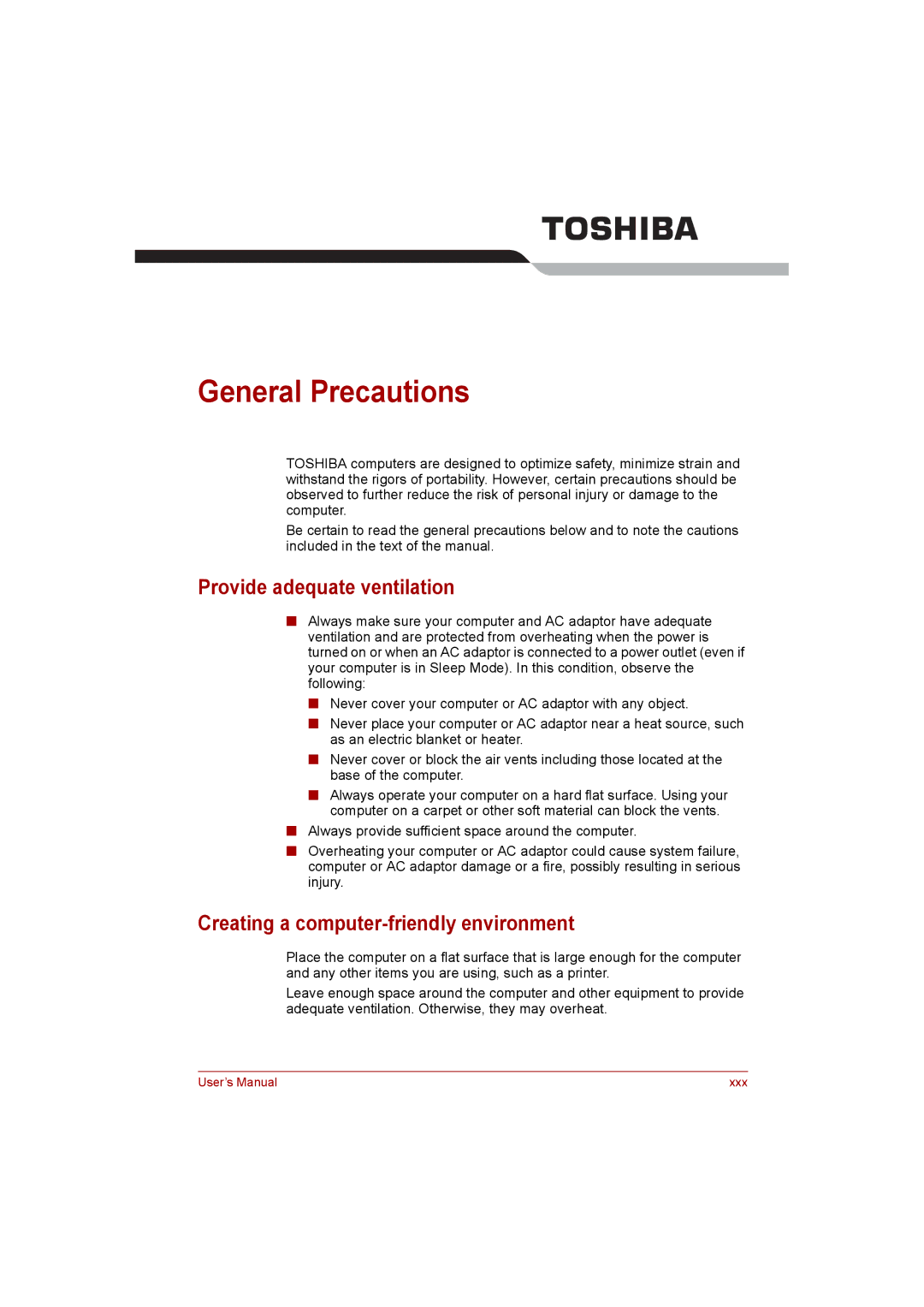 Toshiba satellite pro General Precautions, Provide adequate ventilation, Creating a computer-friendly environment 