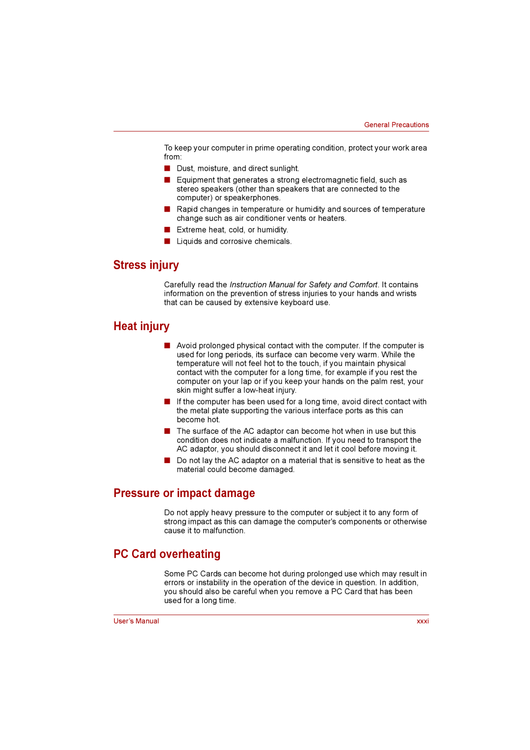 Toshiba satellite pro user manual Stress injury Heat injury, Pressure or impact damage, PC Card overheating 