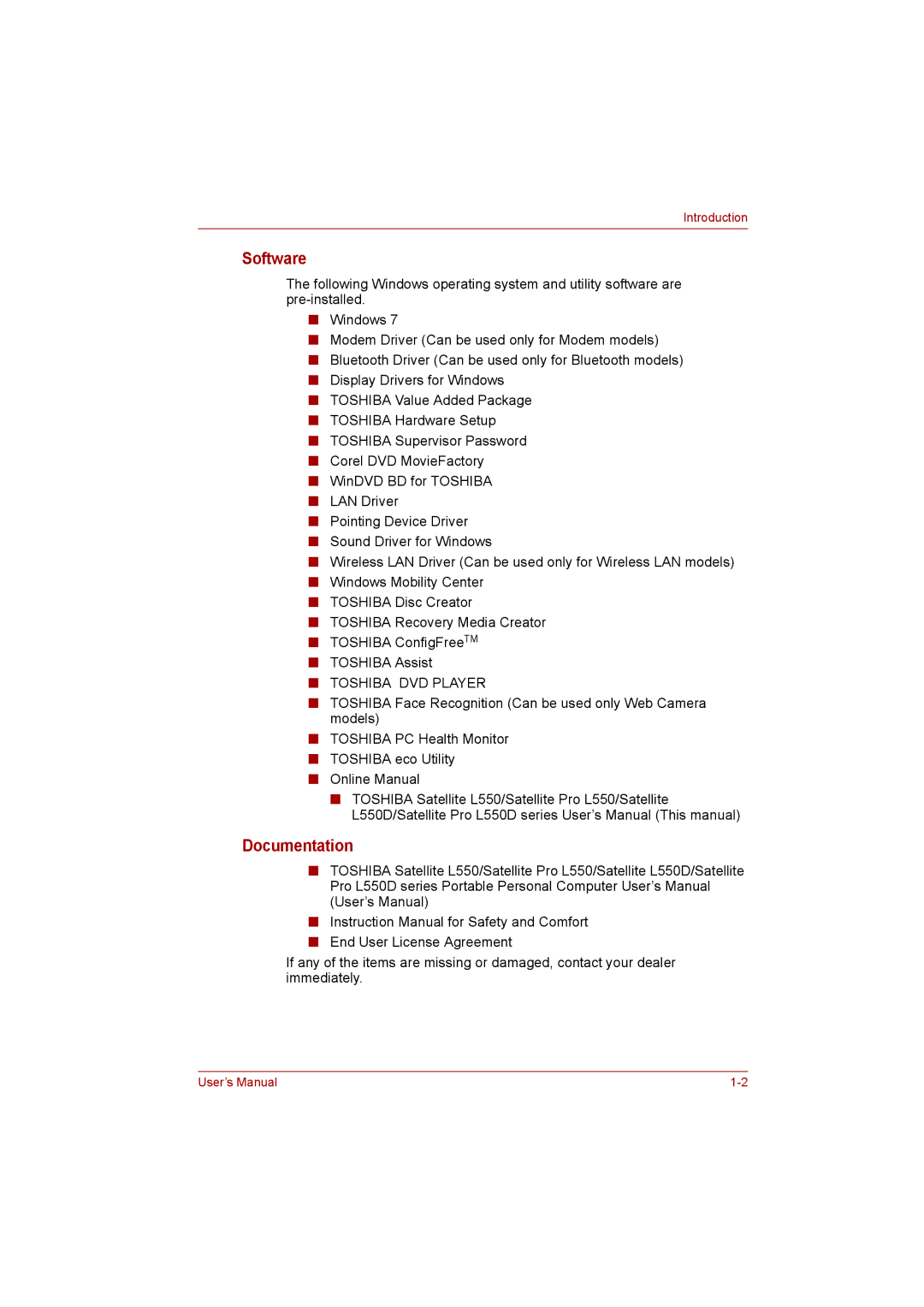 Toshiba satellite pro user manual Software, Documentation 