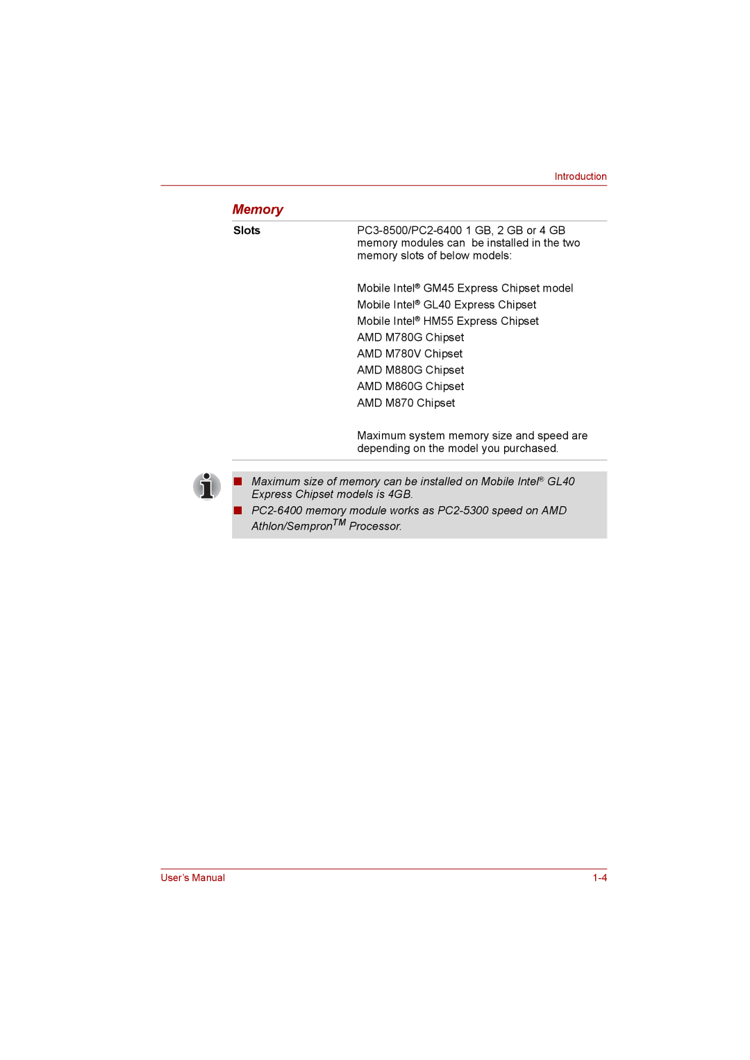 Toshiba satellite pro user manual Memory, Slots 