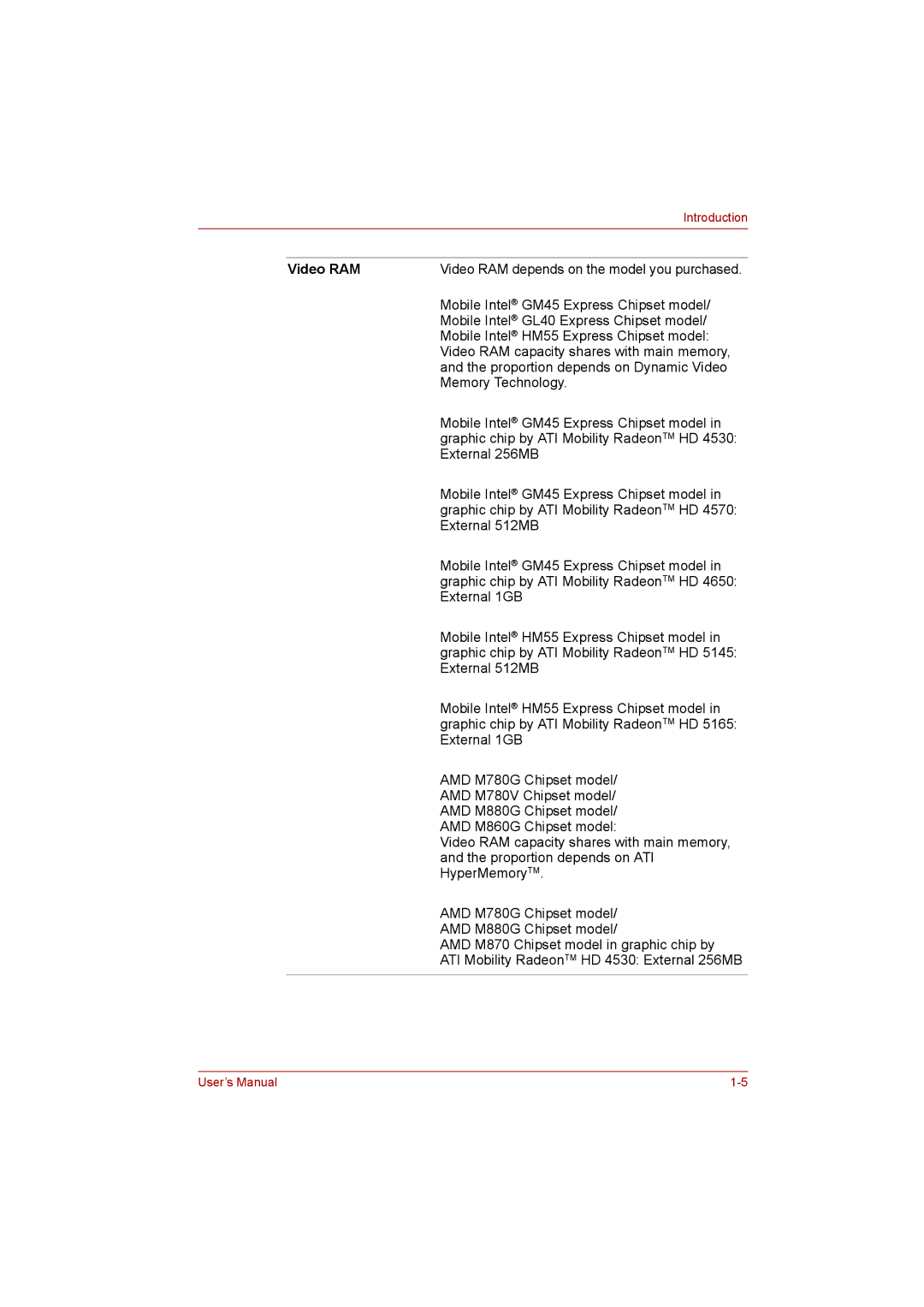 Toshiba satellite pro user manual Video RAM 