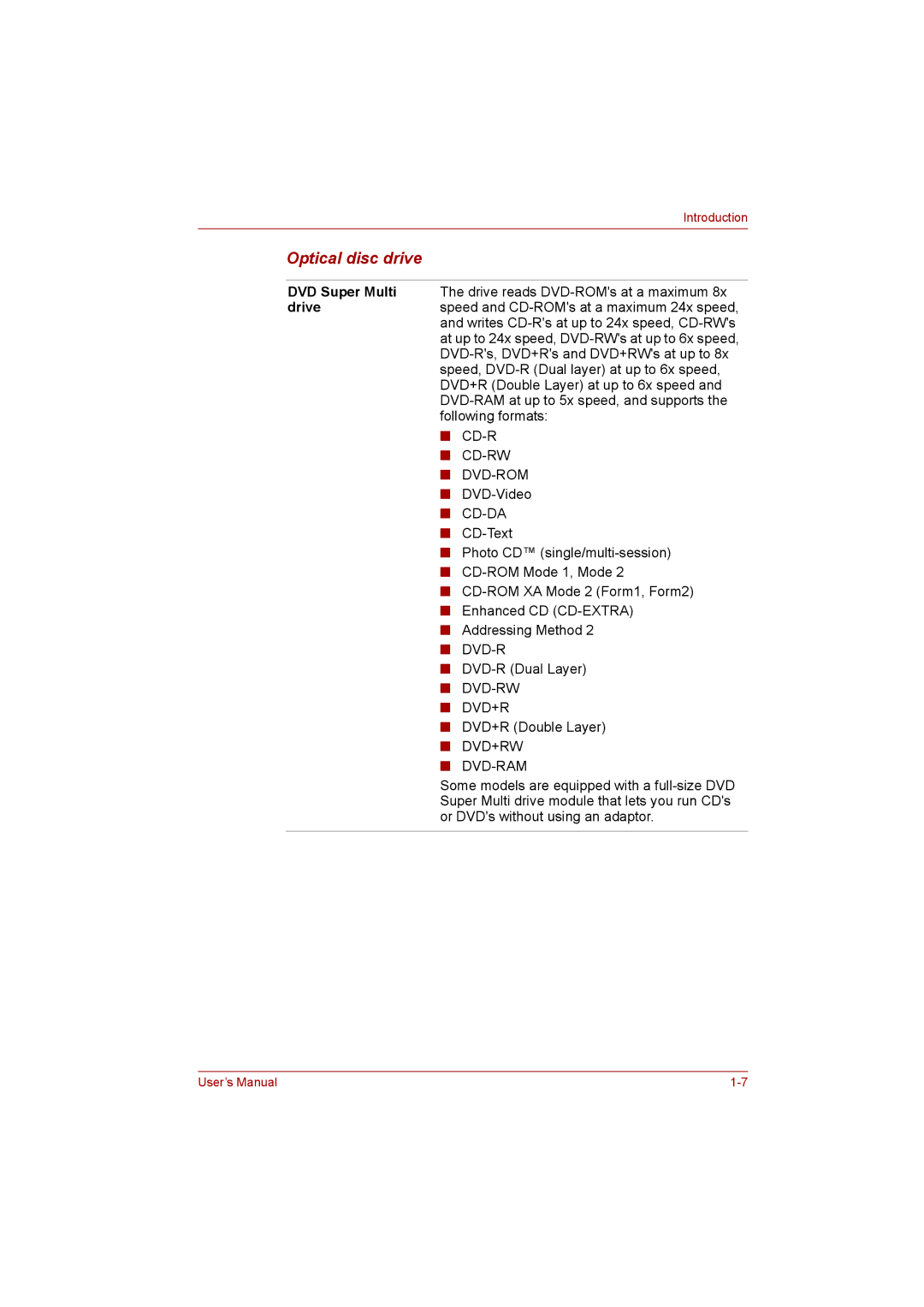 Toshiba satellite pro user manual Optical disc drive, Cd-Da 