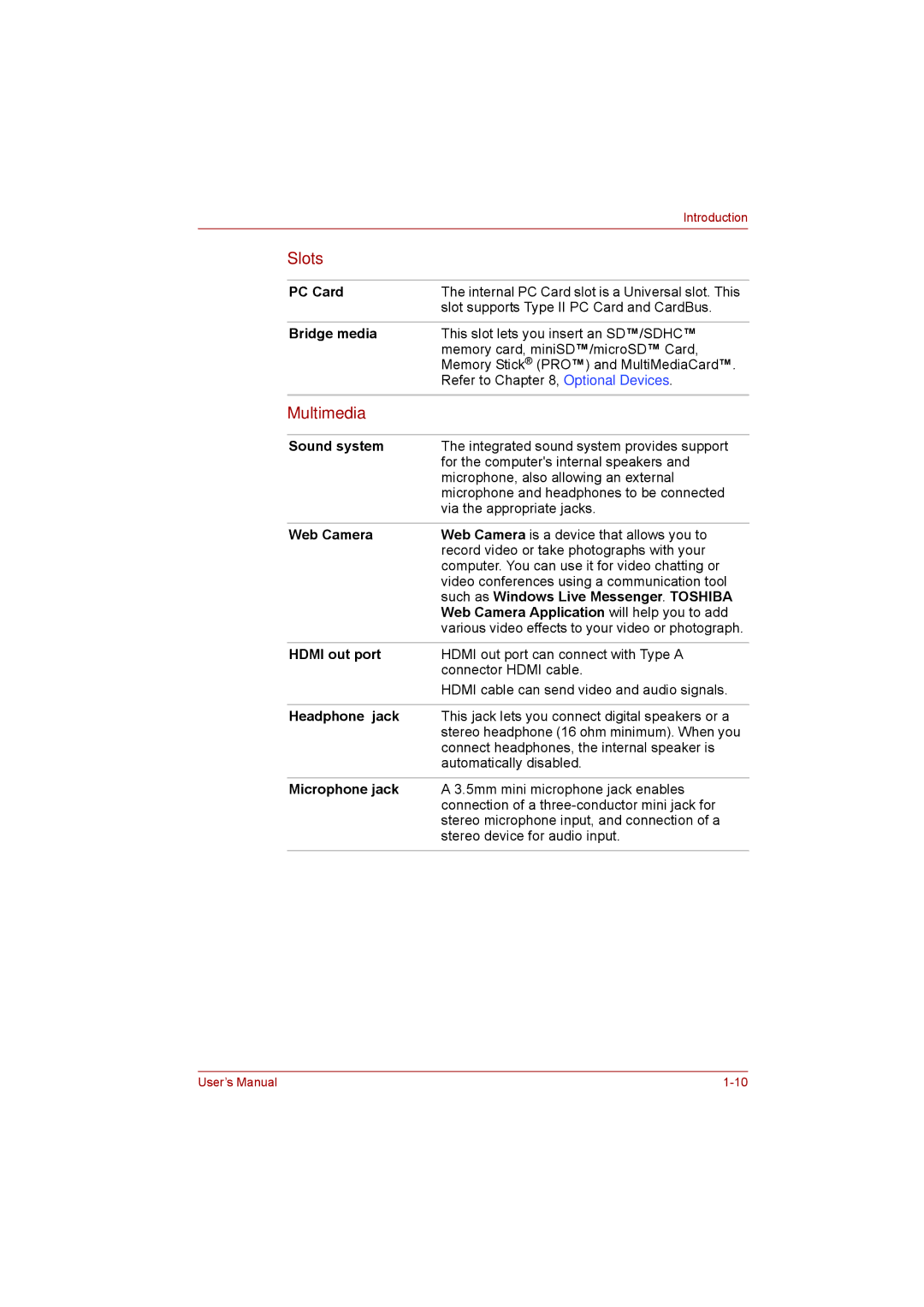 Toshiba satellite pro user manual Slots, Multimedia 