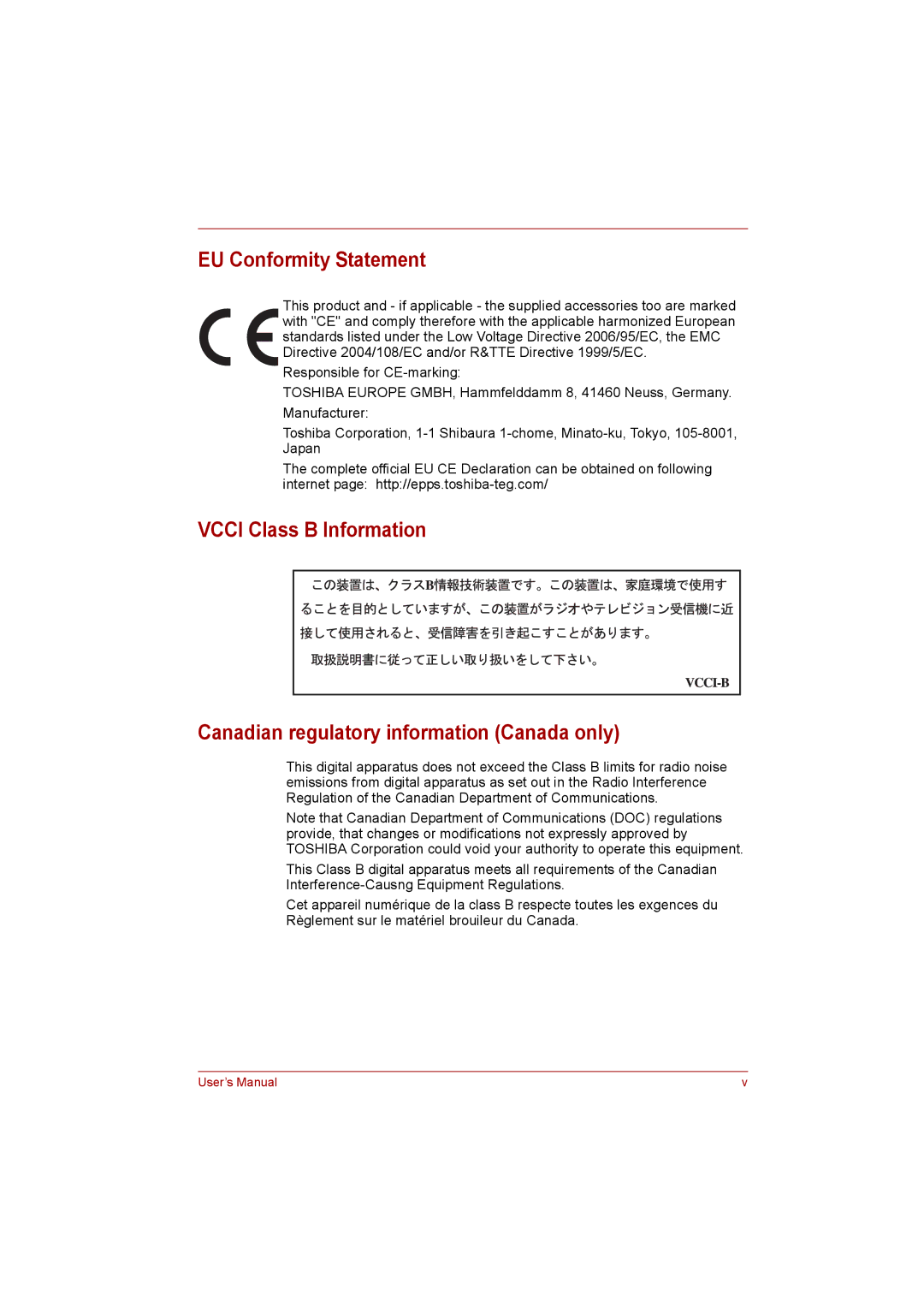 Toshiba satellite pro user manual EU Conformity Statement 