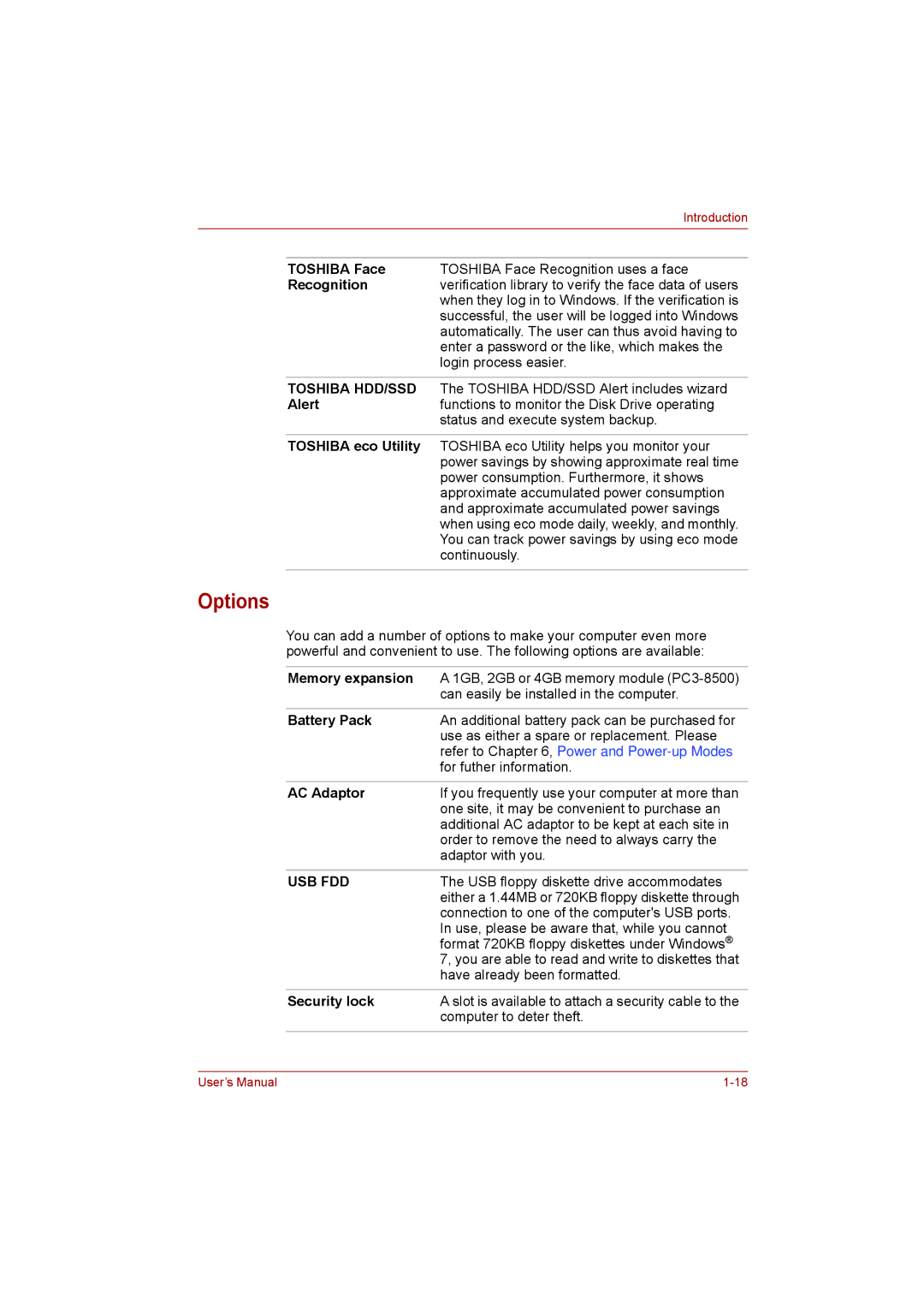 Toshiba satellite pro user manual Options 